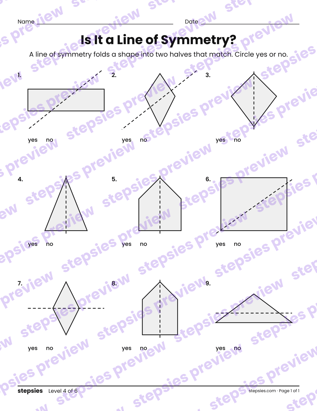 Is It a Line of Symmetry?: page 1 of a printable Grade 4 Math worksheet