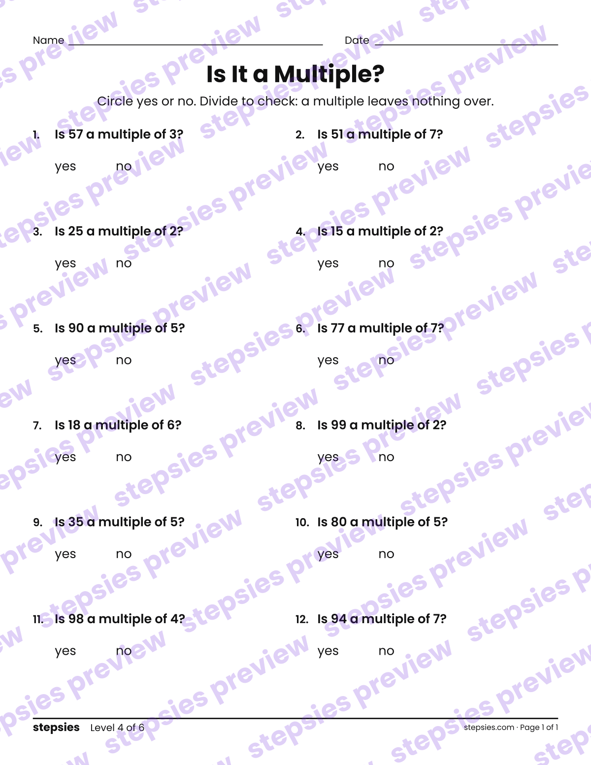 Is It a Multiple?: page 1 of a printable Grade 4 Math worksheet