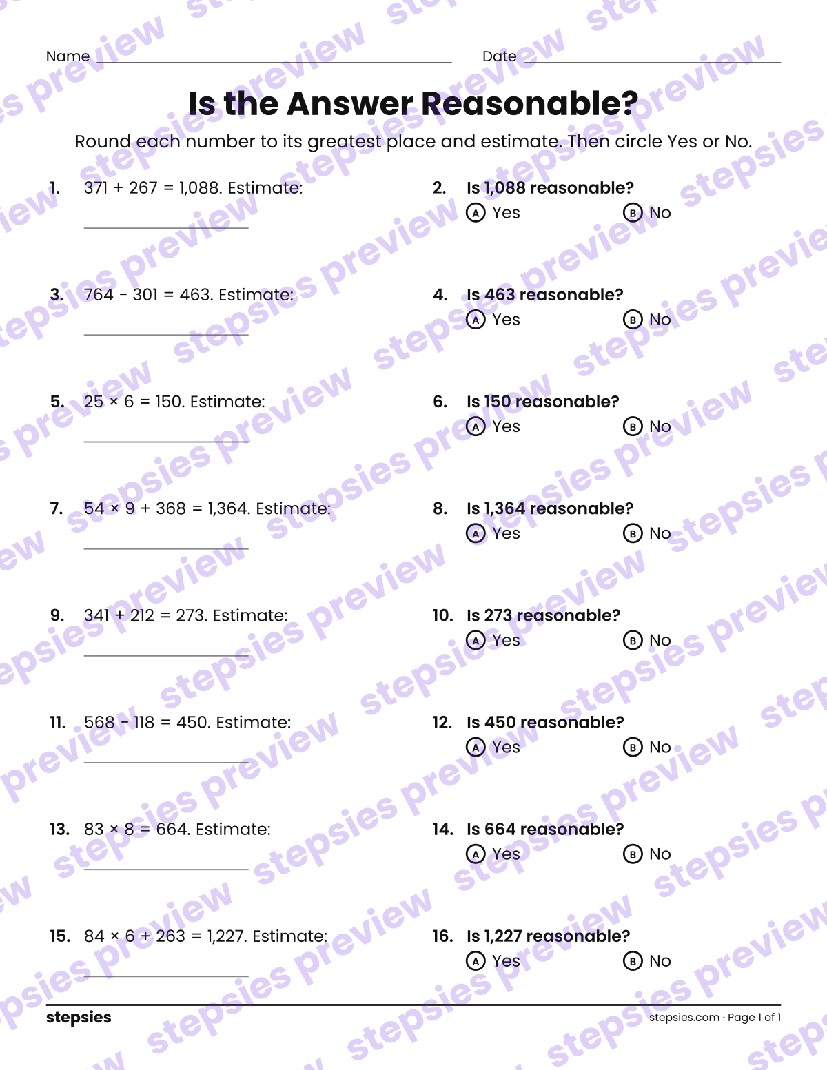 Is the Answer Reasonable?: page 1 of a printable Grades 3 and 4 Math worksheet