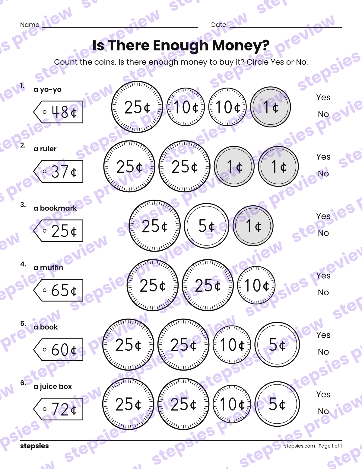 Is There Enough Money?: page 1 of a printable Grade 2 Math worksheet