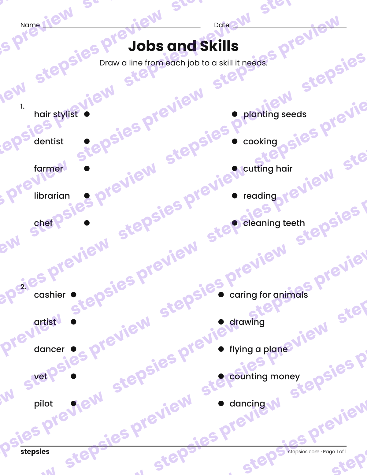 Jobs and Skills: page 1 of a printable Kindergarten and Grade 1 Math worksheet