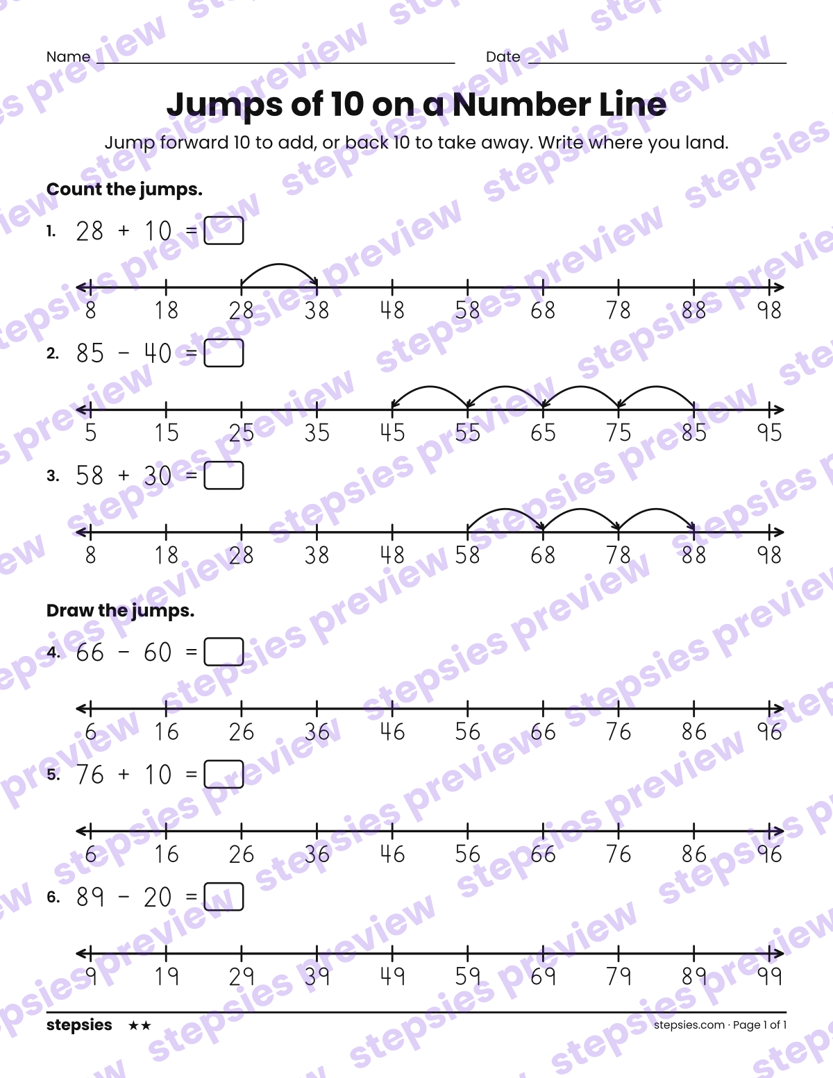 Jumps of 10 on a Number Line from Any Number: page 1 of a printable Grade 2 Math worksheet