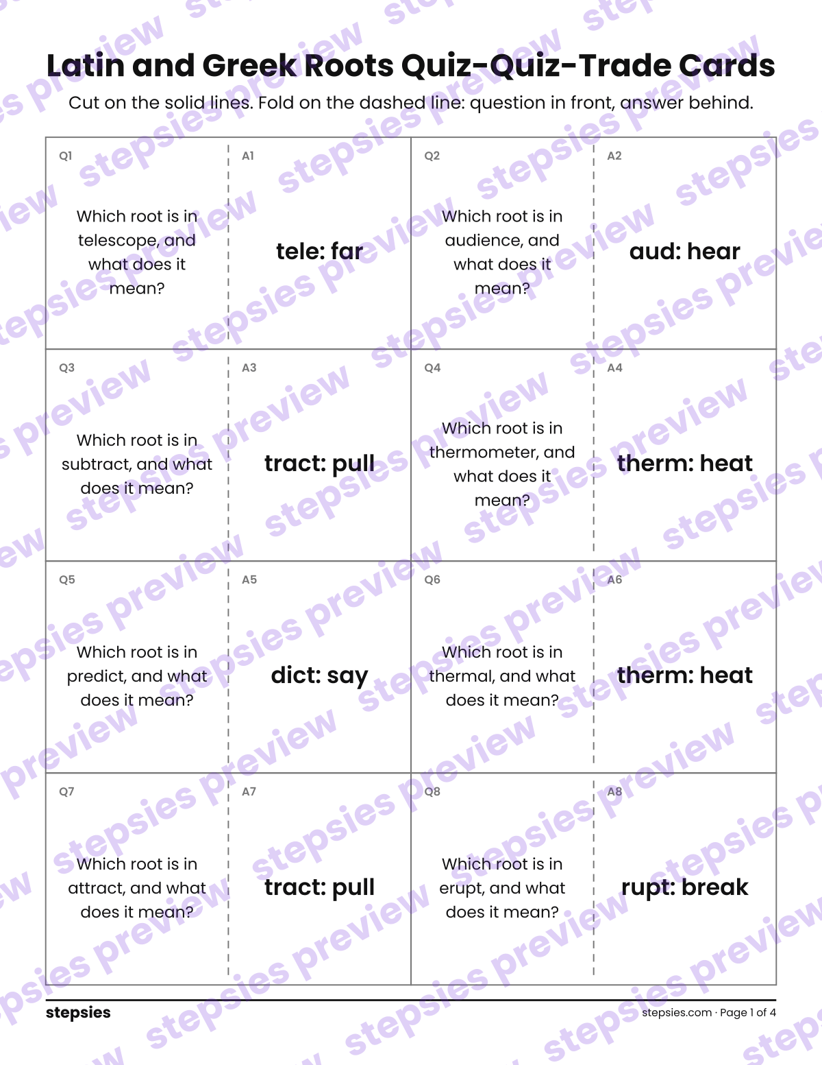 Latin and Greek Roots: Quiz-Quiz-Trade Cards: page 1 of a printable Grade 5 Language worksheet