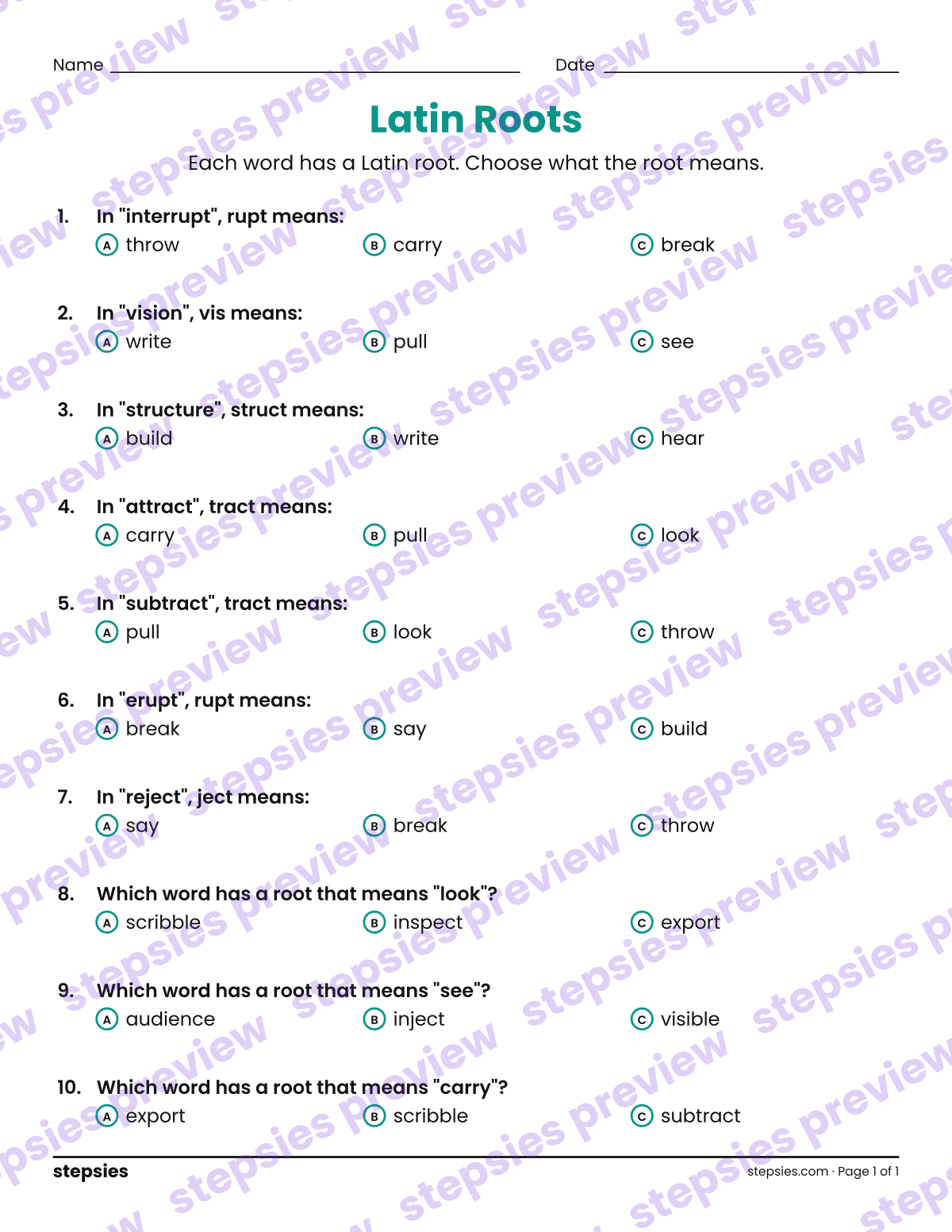 Latin Roots: page 1 of a printable Grades 4–6 Language worksheet