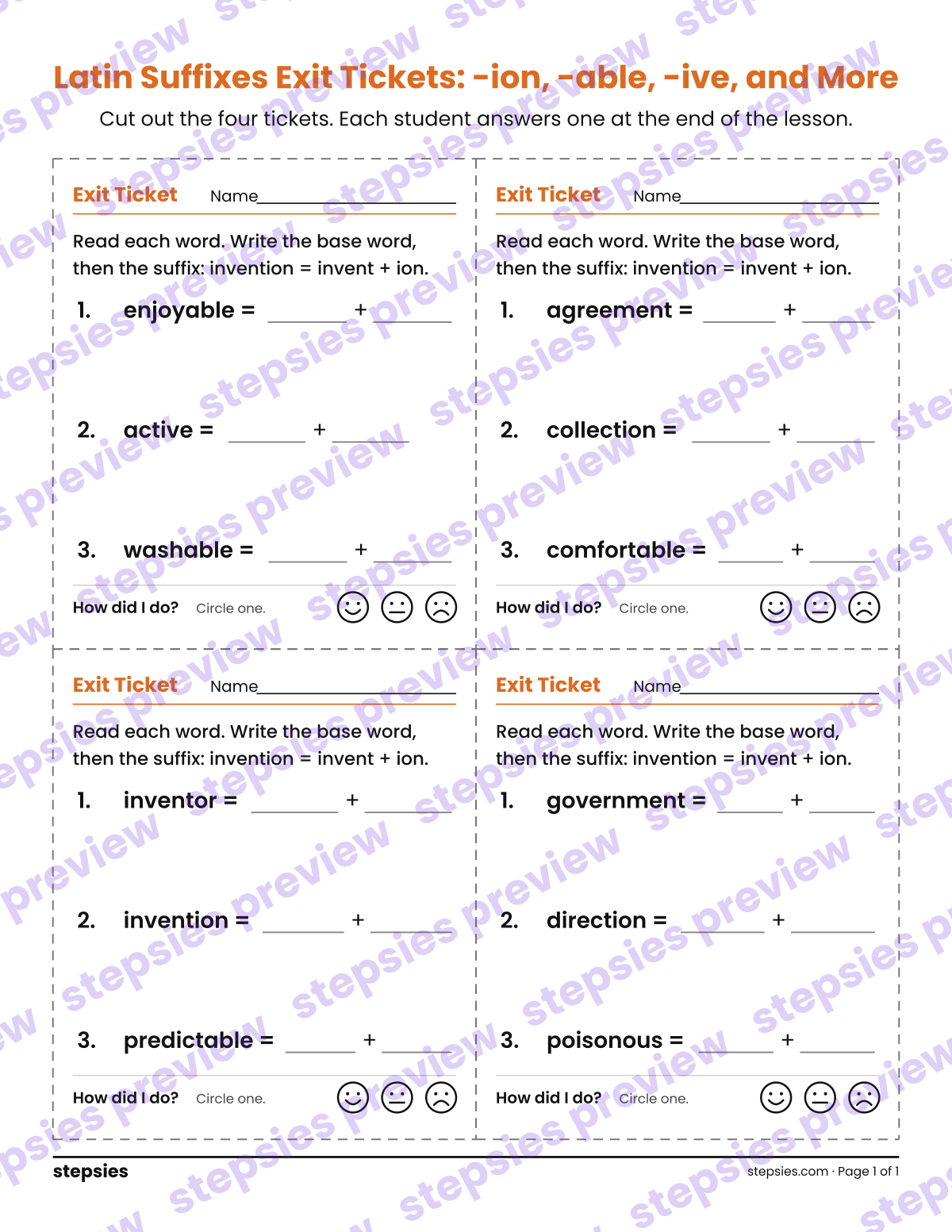Latin Suffixes Exit Tickets: -ion, -able, -ive, and More: page 1 of a printable Grade 3 Language worksheet