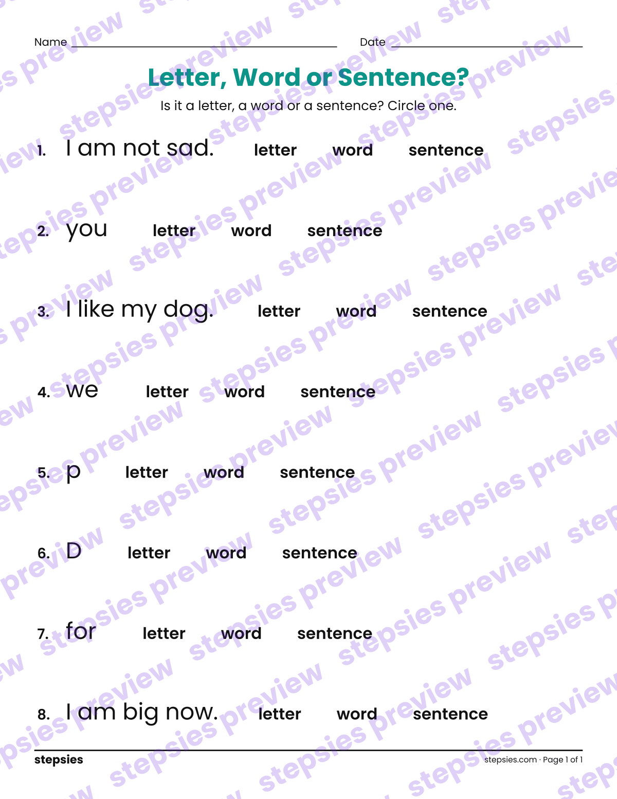 Letter, Word or Sentence?: page 1 of a printable Kindergarten Language worksheet