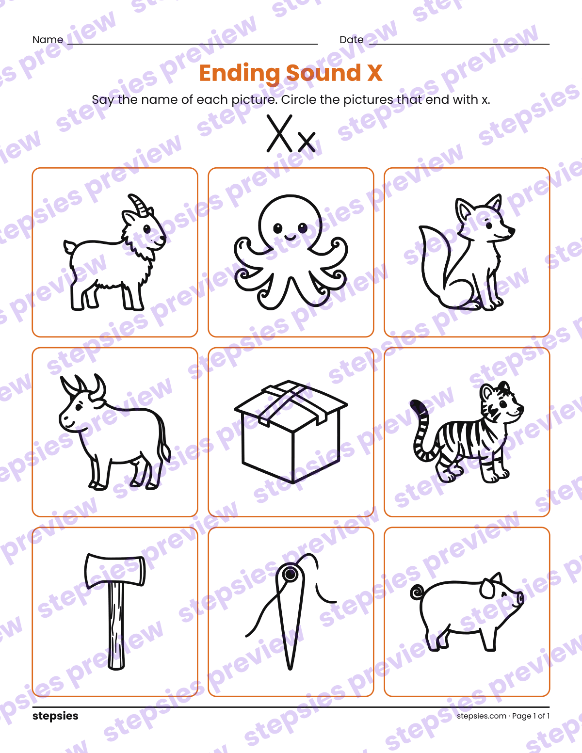 Ending Sound X: page 1 of a printable Kindergarten and Grade 1 Language worksheet