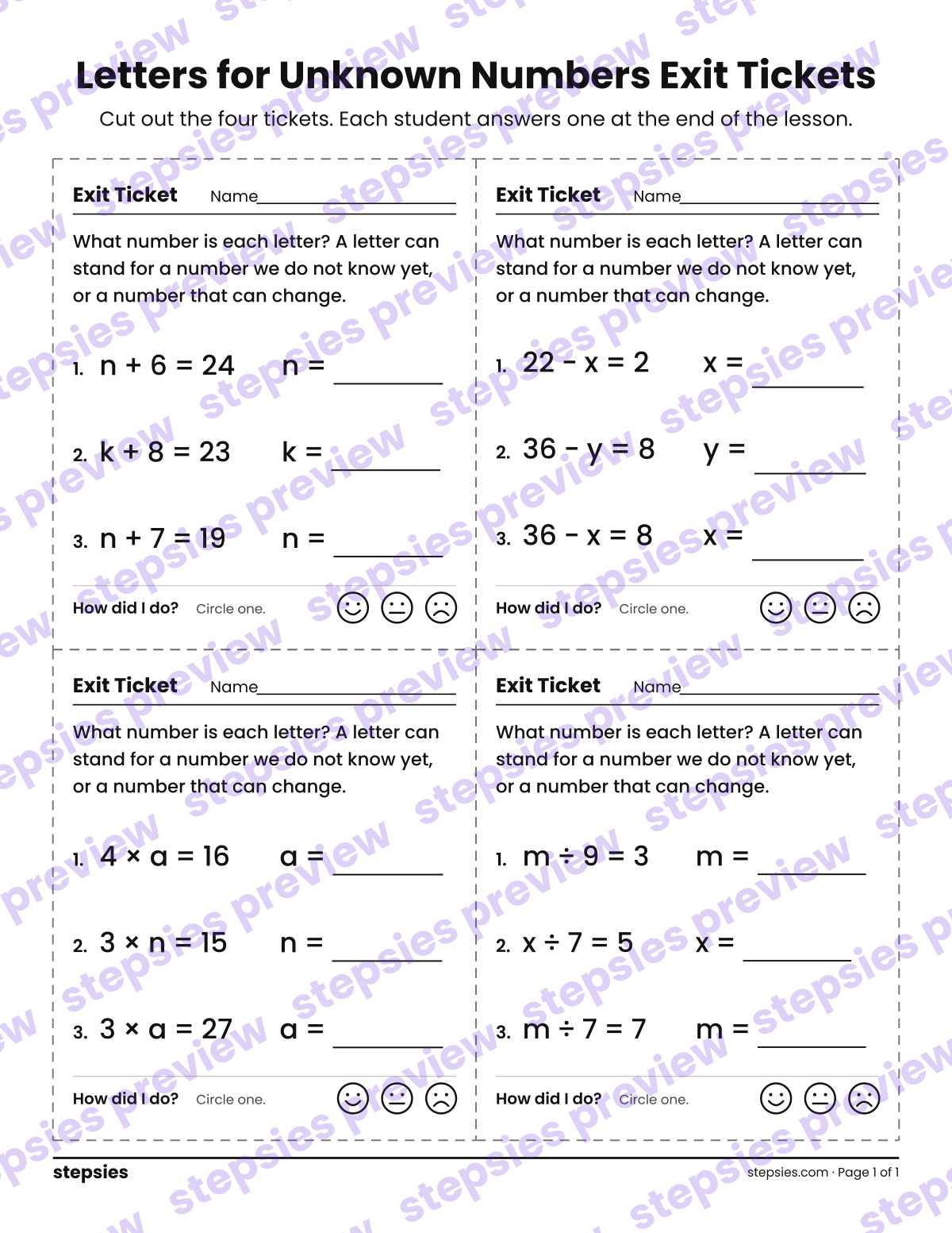 Letters for Unknown Numbers Exit Tickets: page 1 of a printable Grade 3 Math worksheet