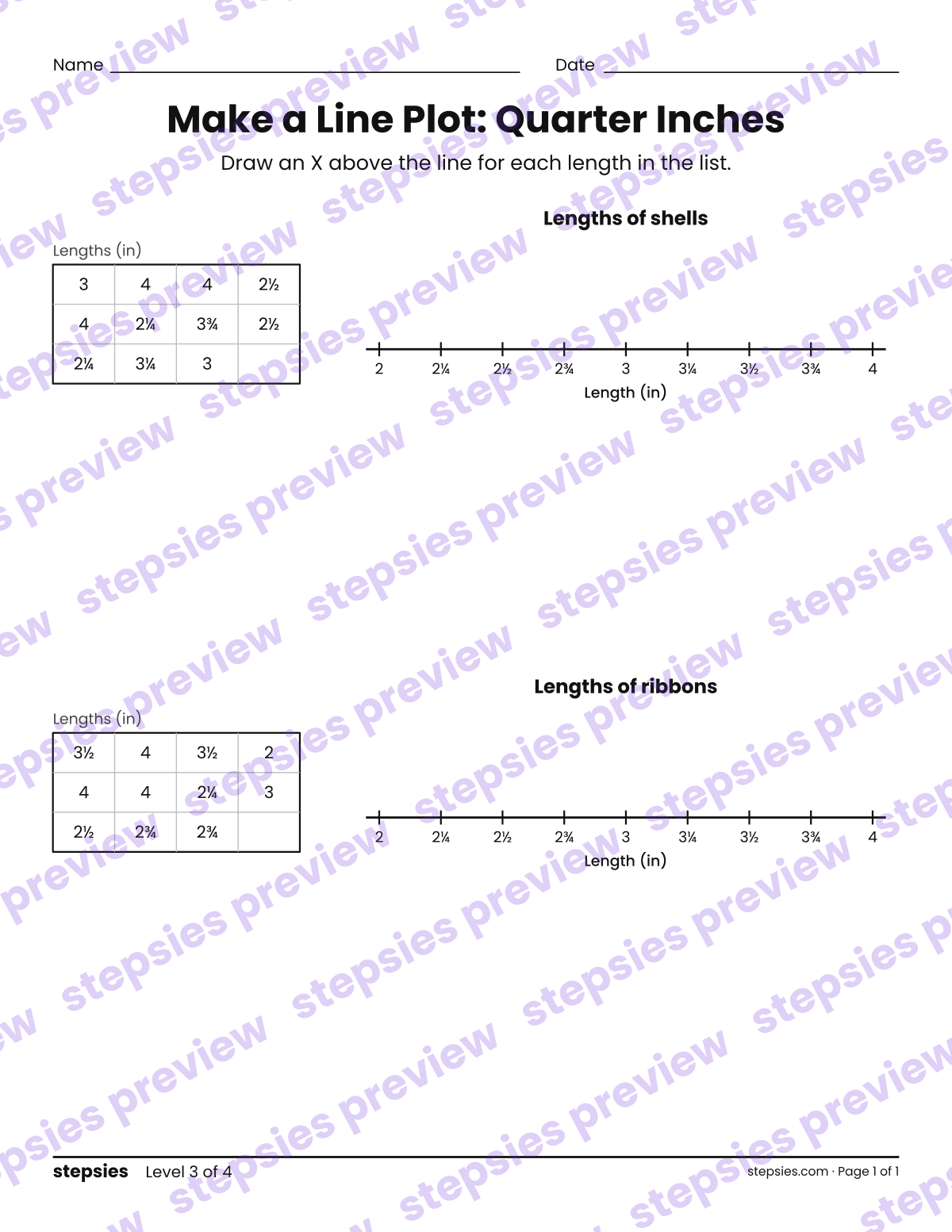 Make a Line Plot: Quarter Inches: page 1 of a printable Grade 3 Math worksheet