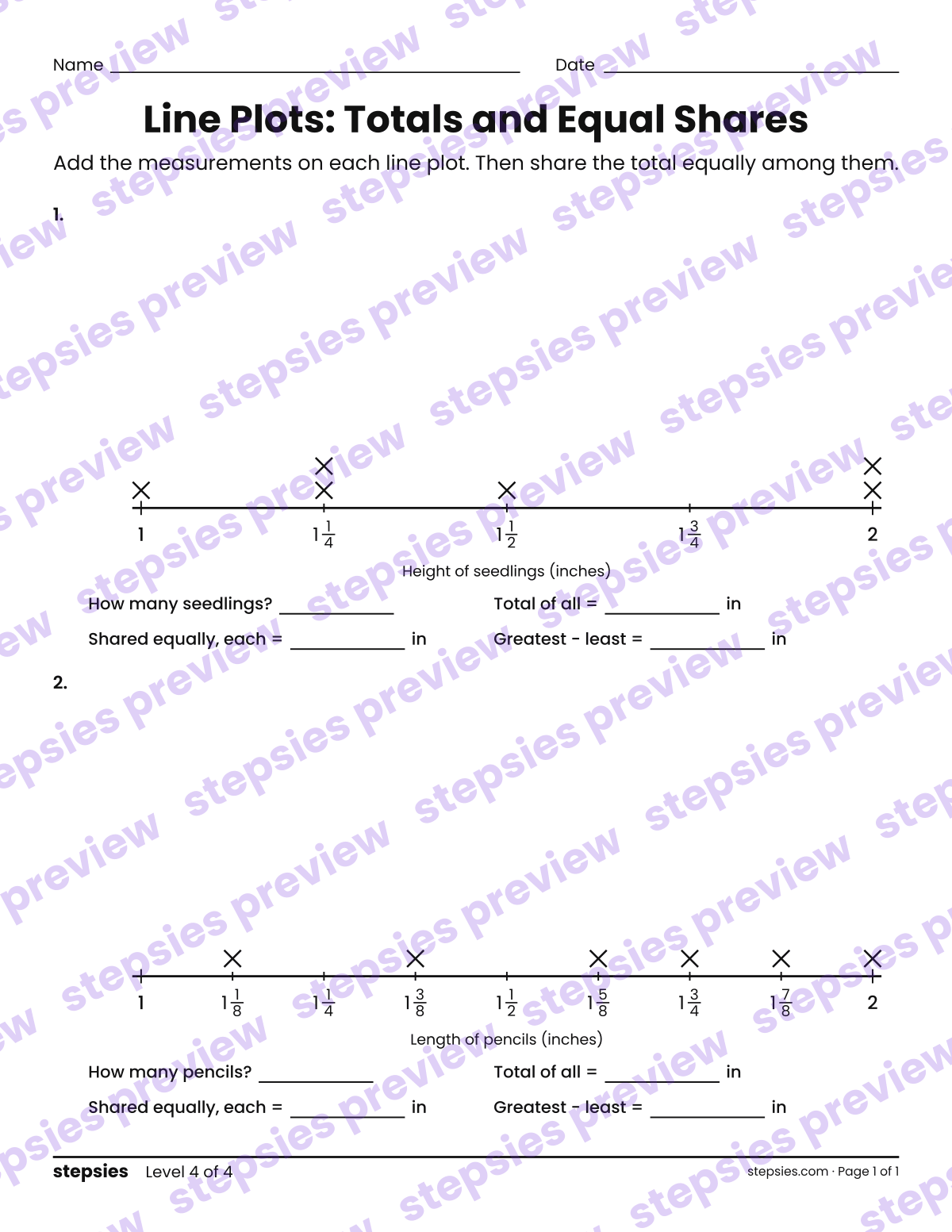 Line Plots: Totals and Equal Shares: page 1 of a printable Grade 5 Math worksheet