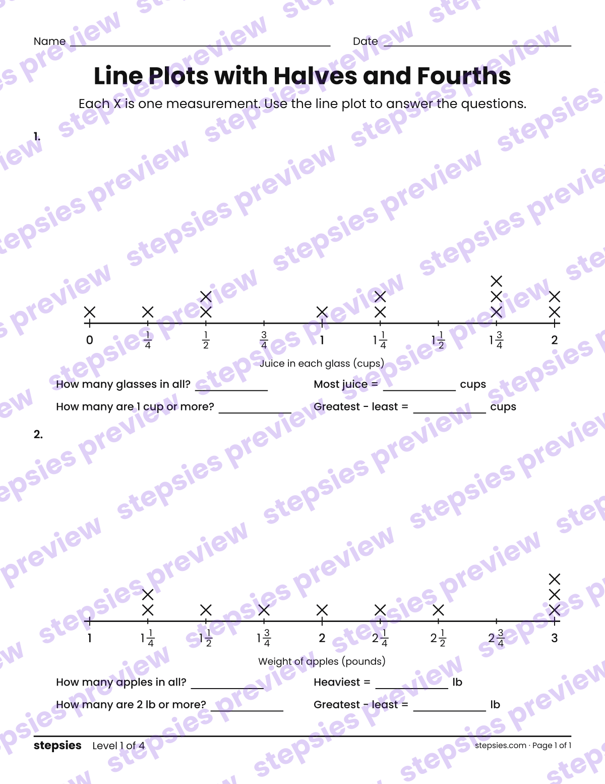 Line Plots with Halves and Fourths: page 1 of a printable Grade 4 Math worksheet