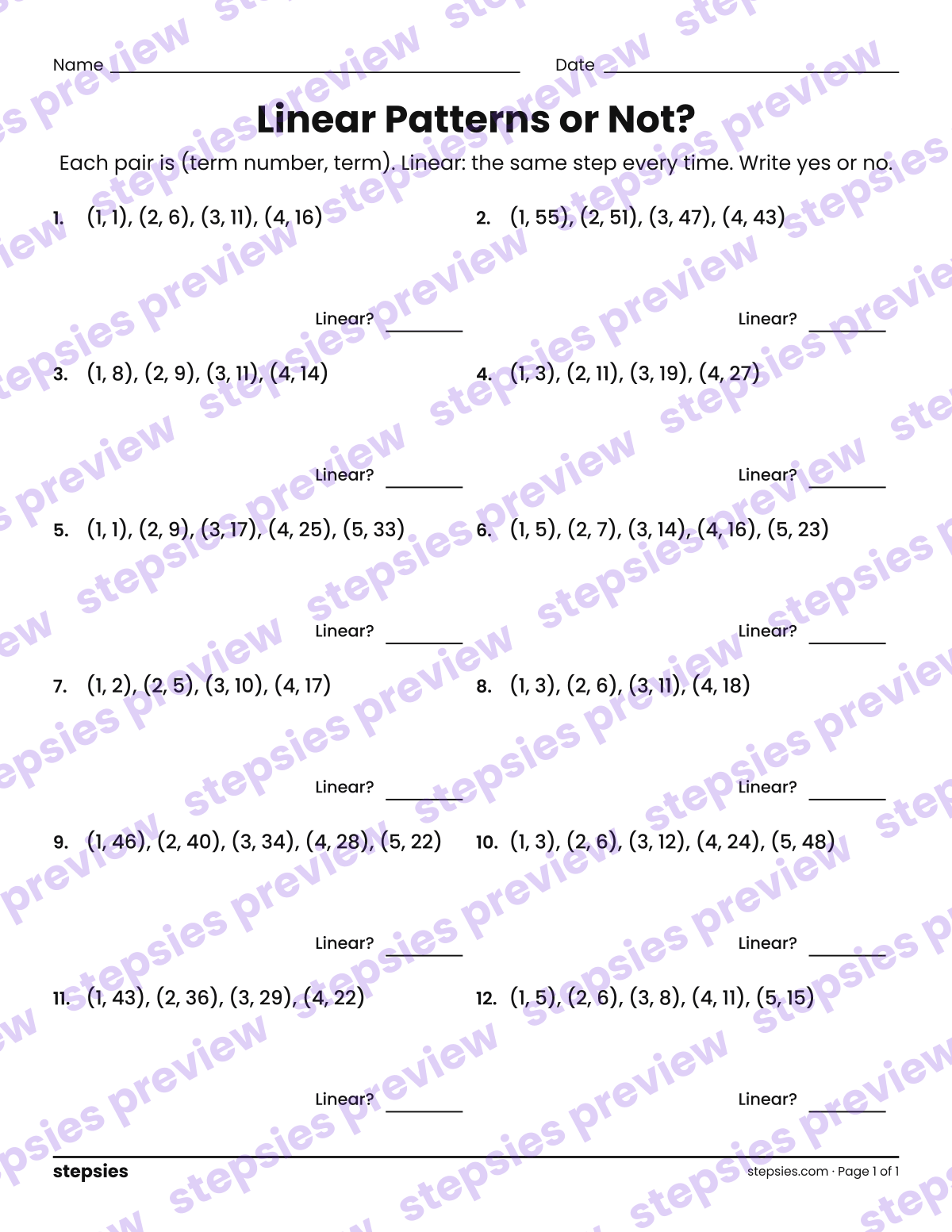 Linear Patterns or Not?: page 1 of a printable Grades 6 and 7 Math worksheet