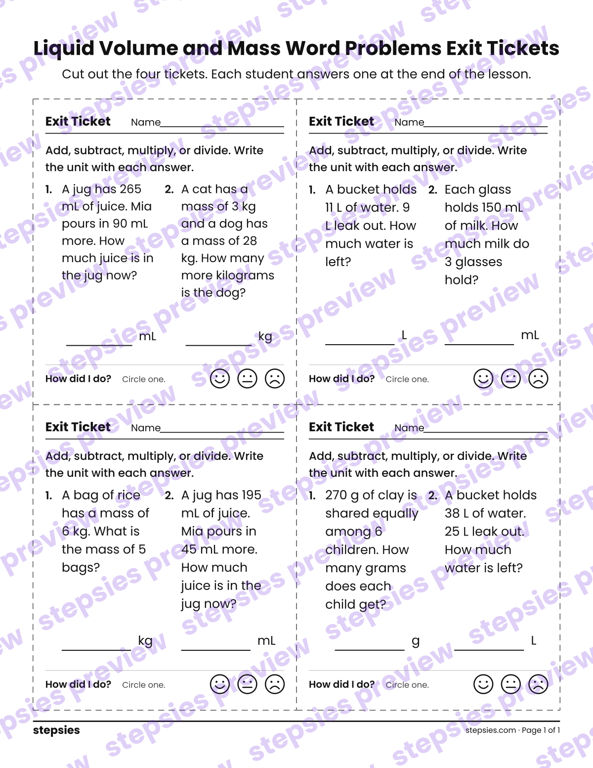 Liquid Volume and Mass Word Problems Exit Tickets: page 1 of a printable Grade 3 Math worksheet