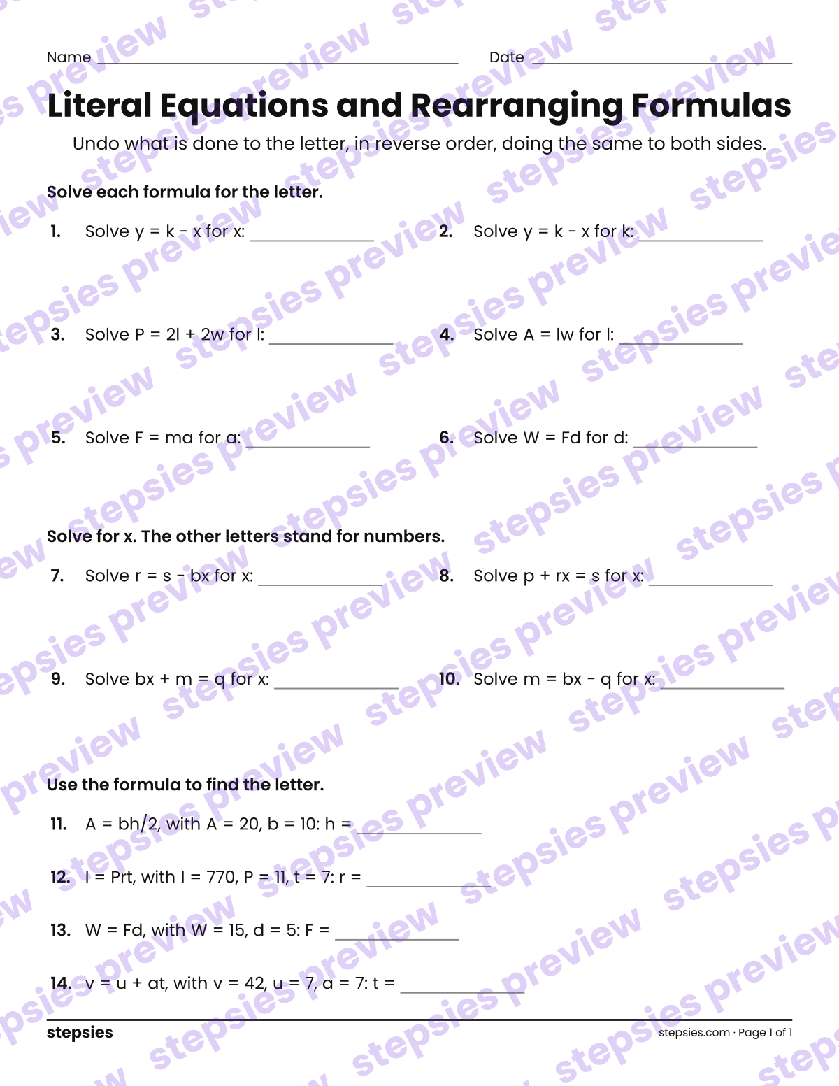 Literal Equations and Rearranging Formulas: page 1 of a printable Grade 8 Math worksheet