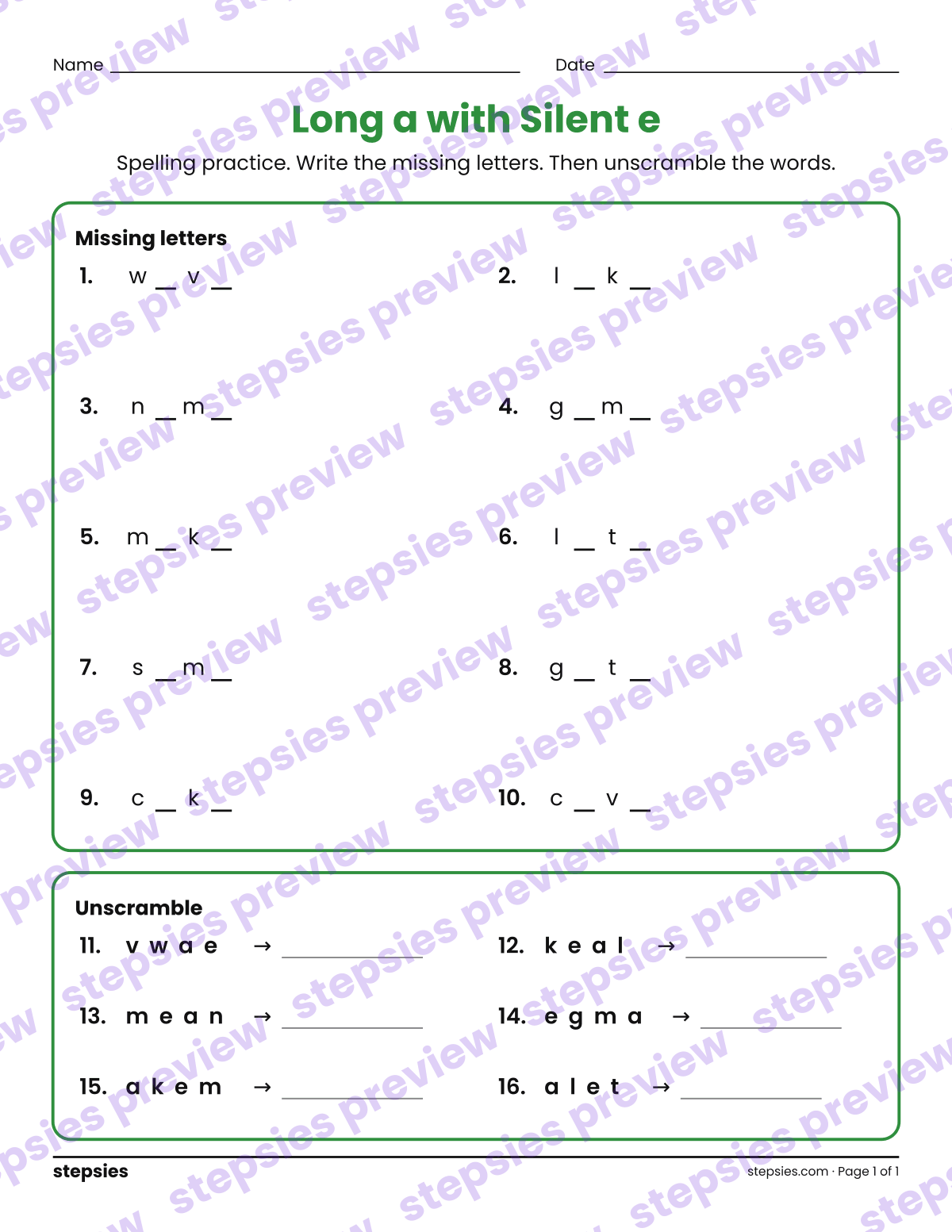 Long a with Silent e: Spelling Practice: page 1 of a printable Grade 1 Language worksheet