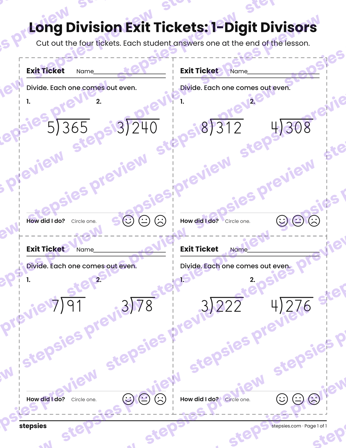Long Division Exit Tickets: 1-Digit Divisors: page 1 of a printable Grade 4 Math worksheet