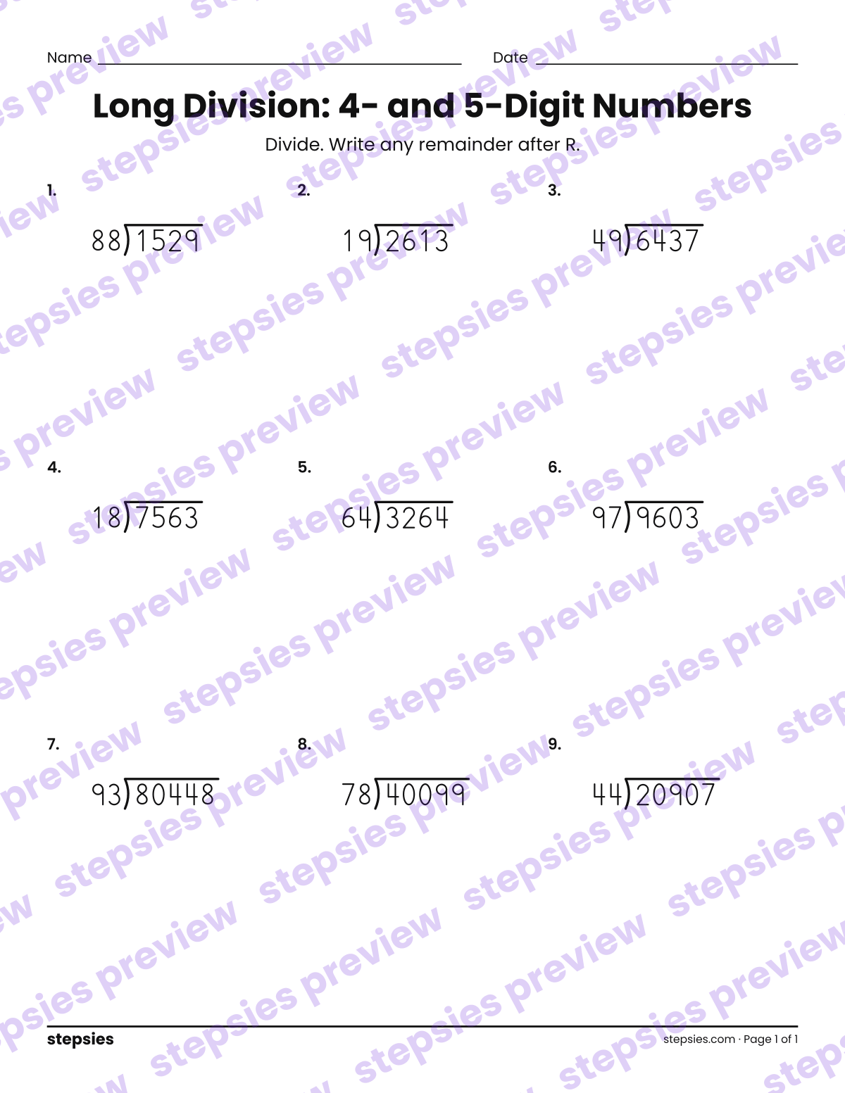 Long Division: 4- and 5-Digit Numbers: page 1 of a printable Grade 6 Math worksheet