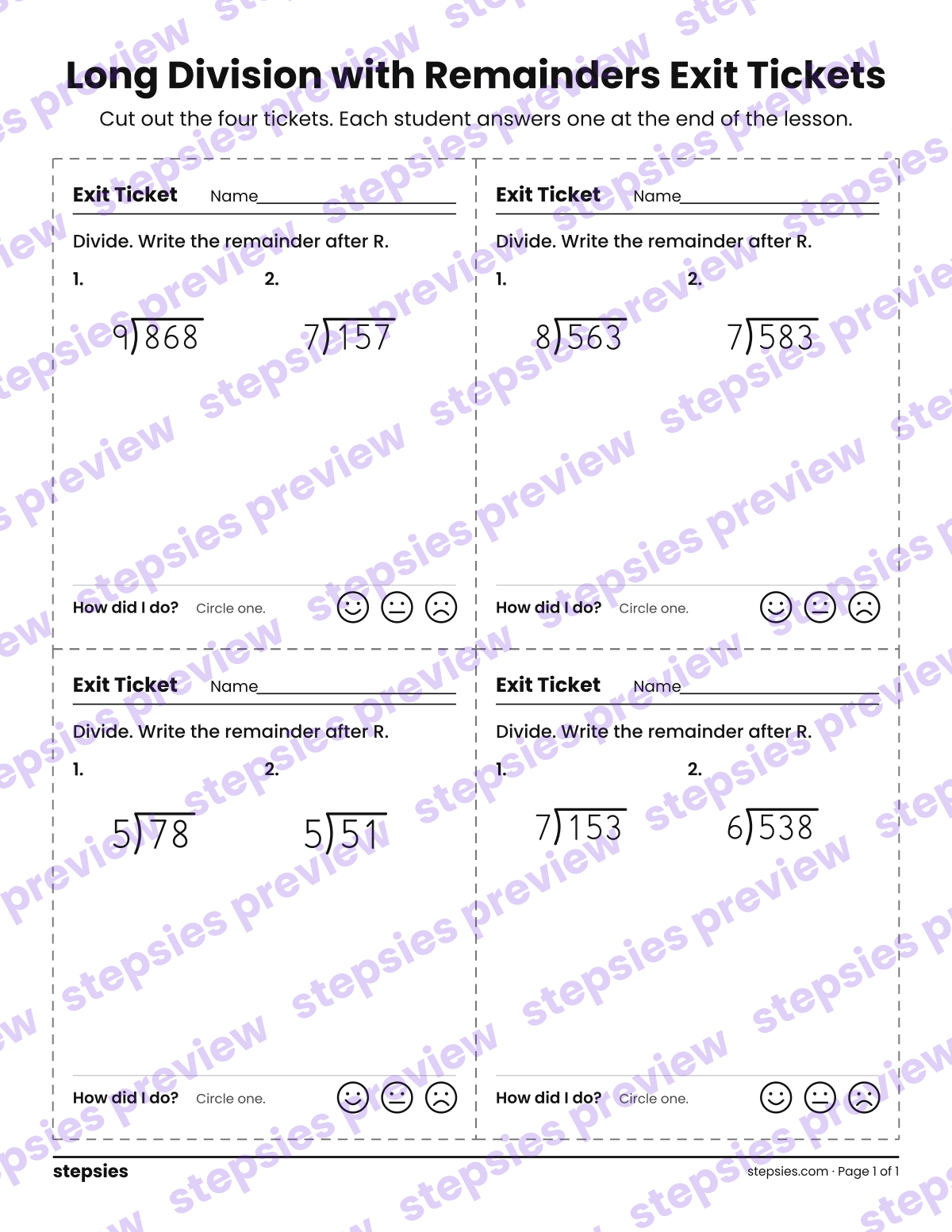 Long Division with Remainders Exit Tickets: page 1 of a printable Grade 4 Math worksheet