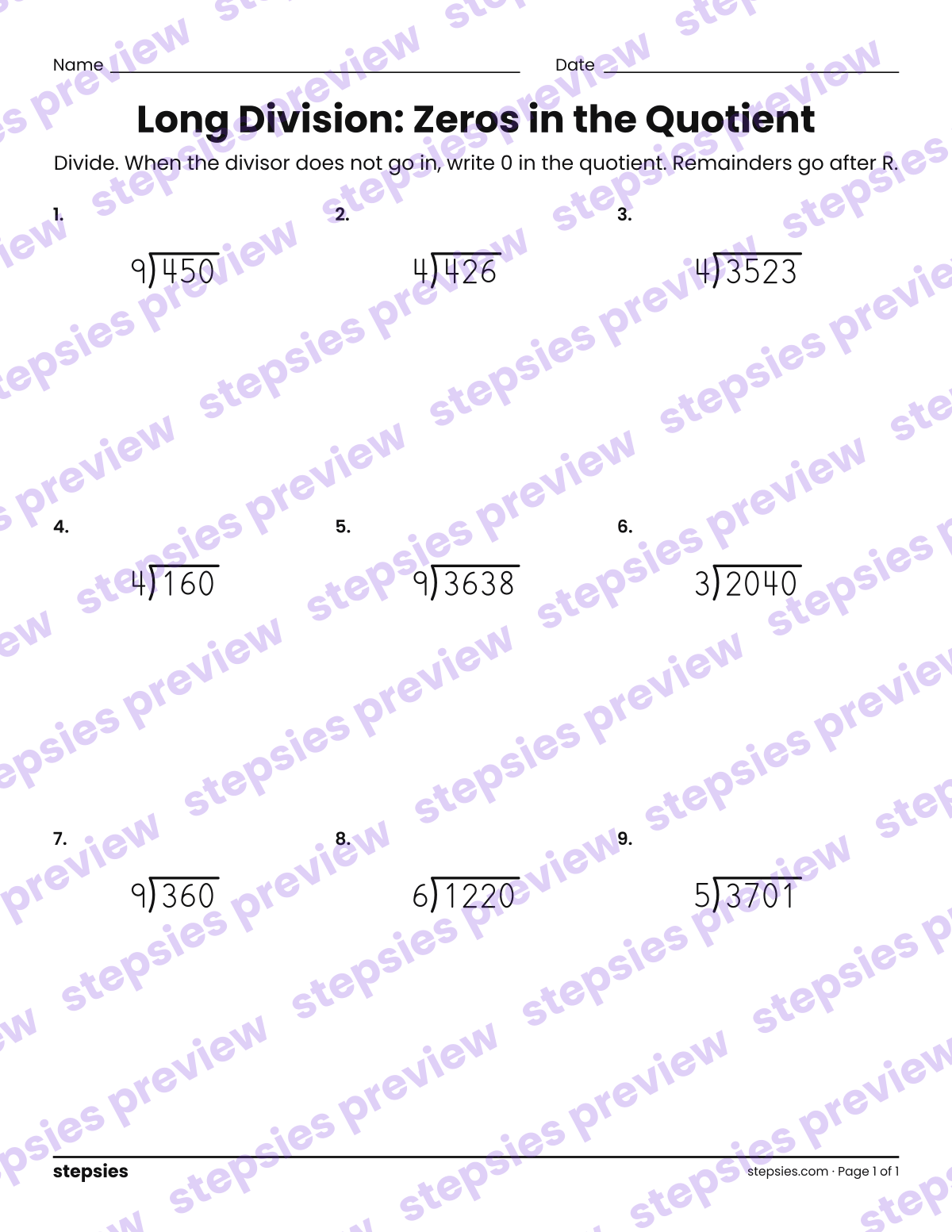 Long Division: Zeros in the Quotient: page 1 of a printable Grades 4 and 5 Math worksheet