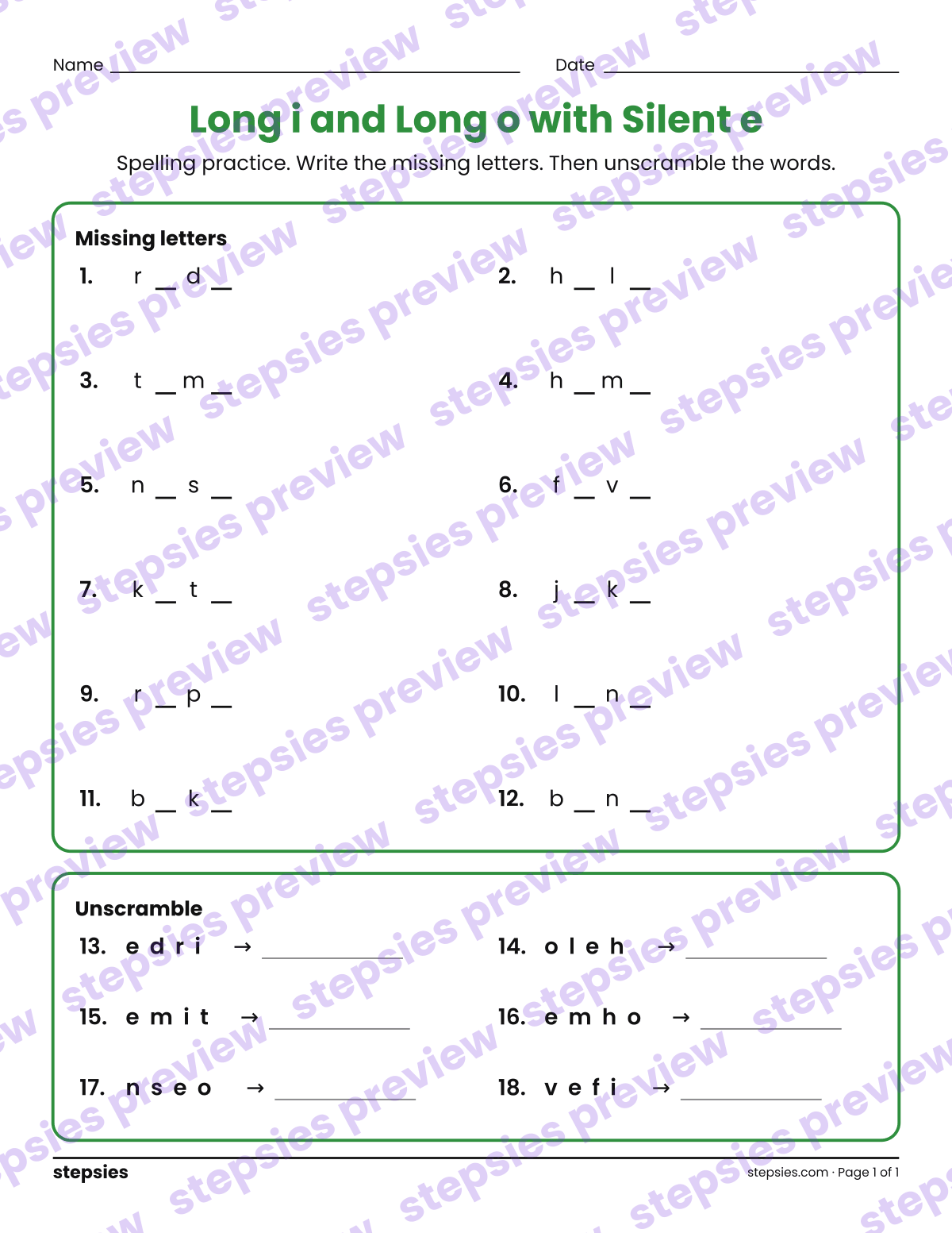 Long i and Long o with Silent e: Spelling Practice: page 1 of a printable Grade 1 Language worksheet