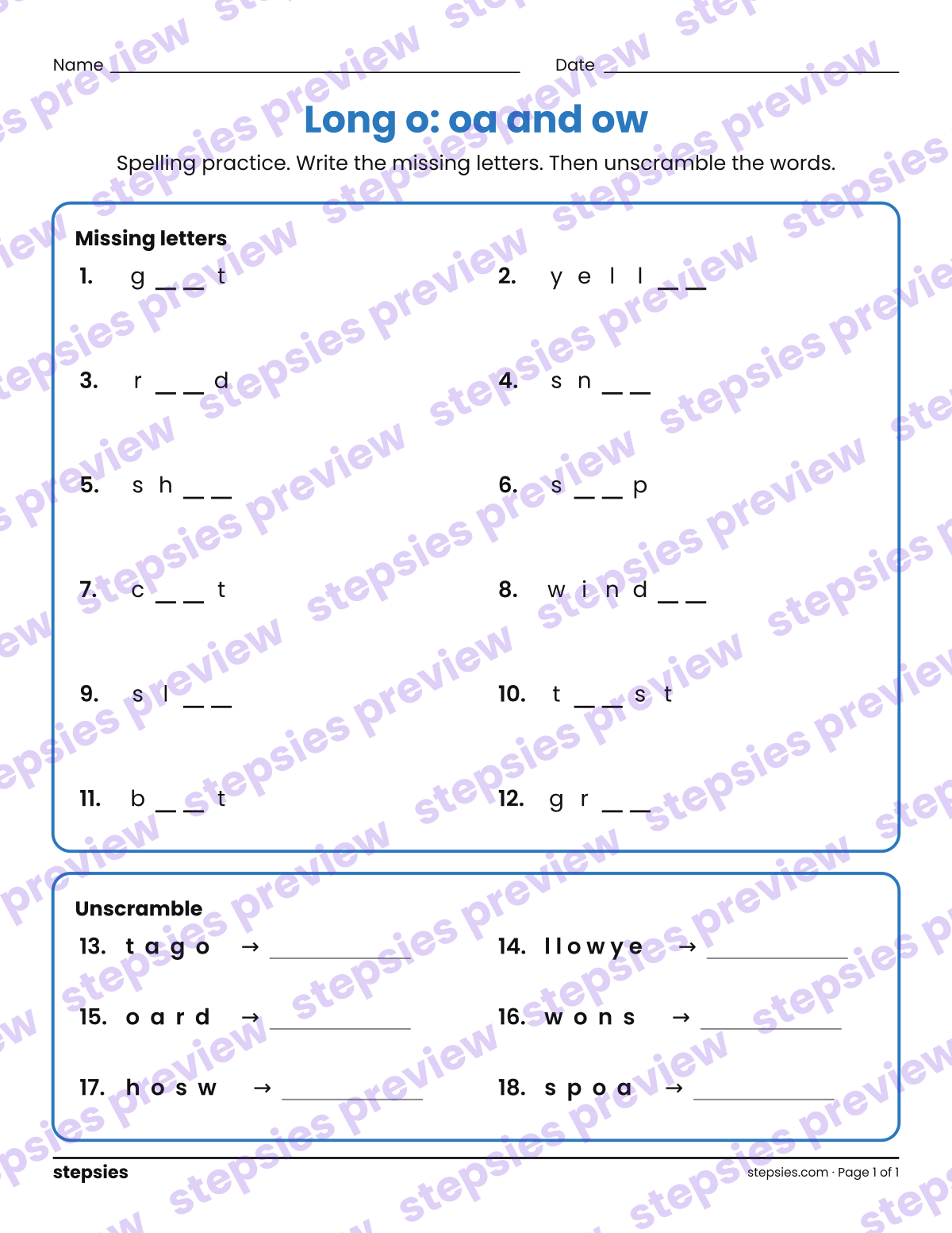 Long o: oa and ow: Spelling Practice: page 1 of a printable Grade 2 Language worksheet