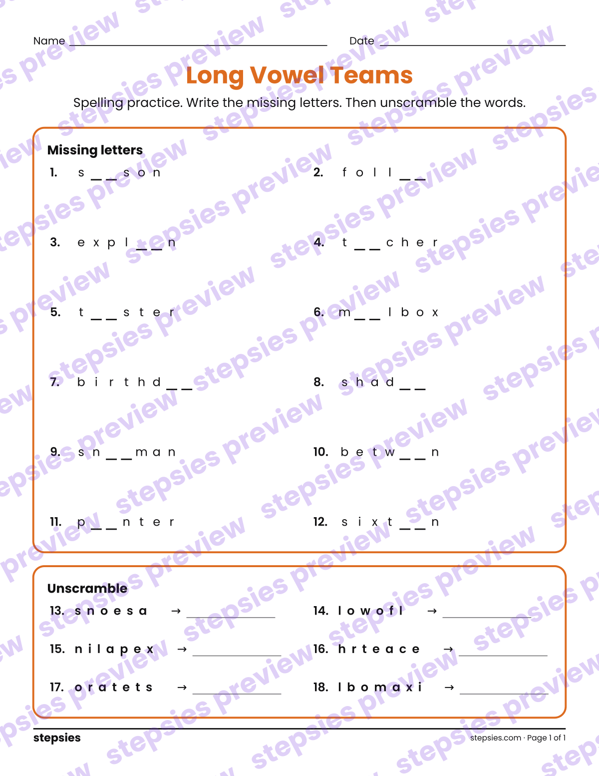 Long Vowel Teams: Spelling Practice: page 1 of a printable Grade 3 Language worksheet
