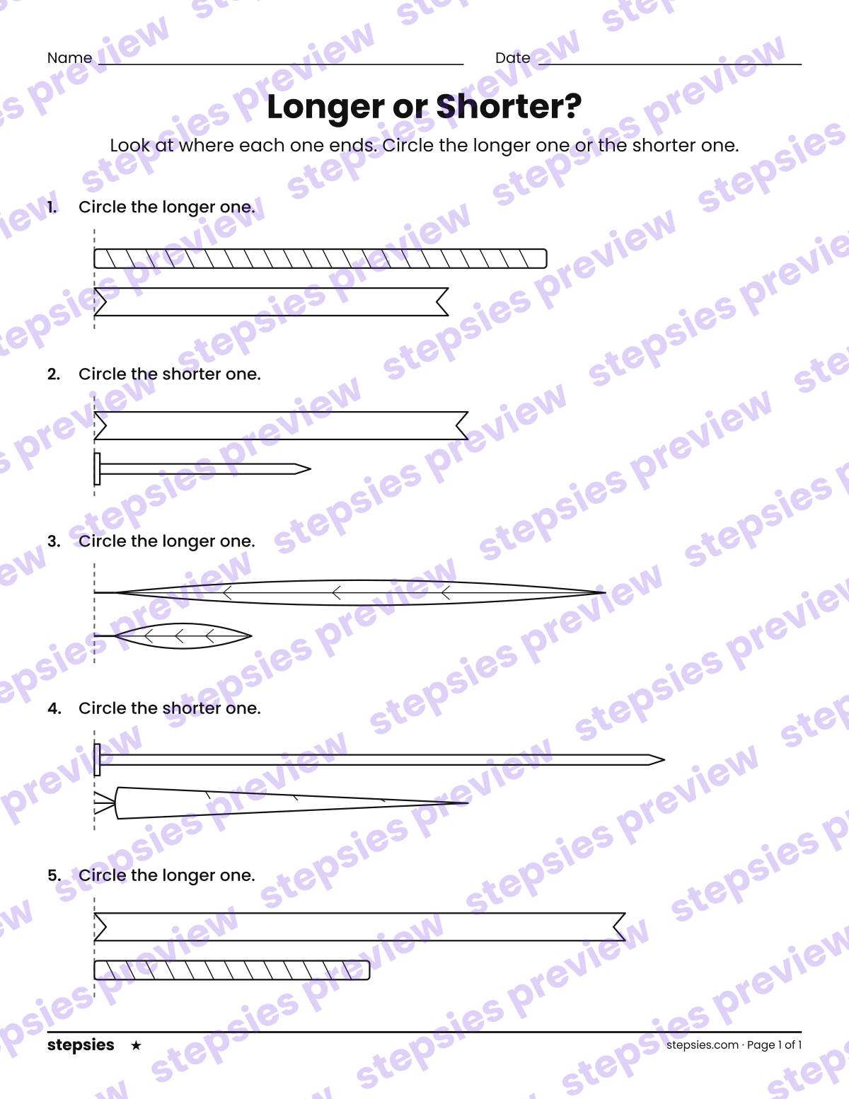 Longer or Shorter?: page 1 of a printable Kindergarten Math worksheet