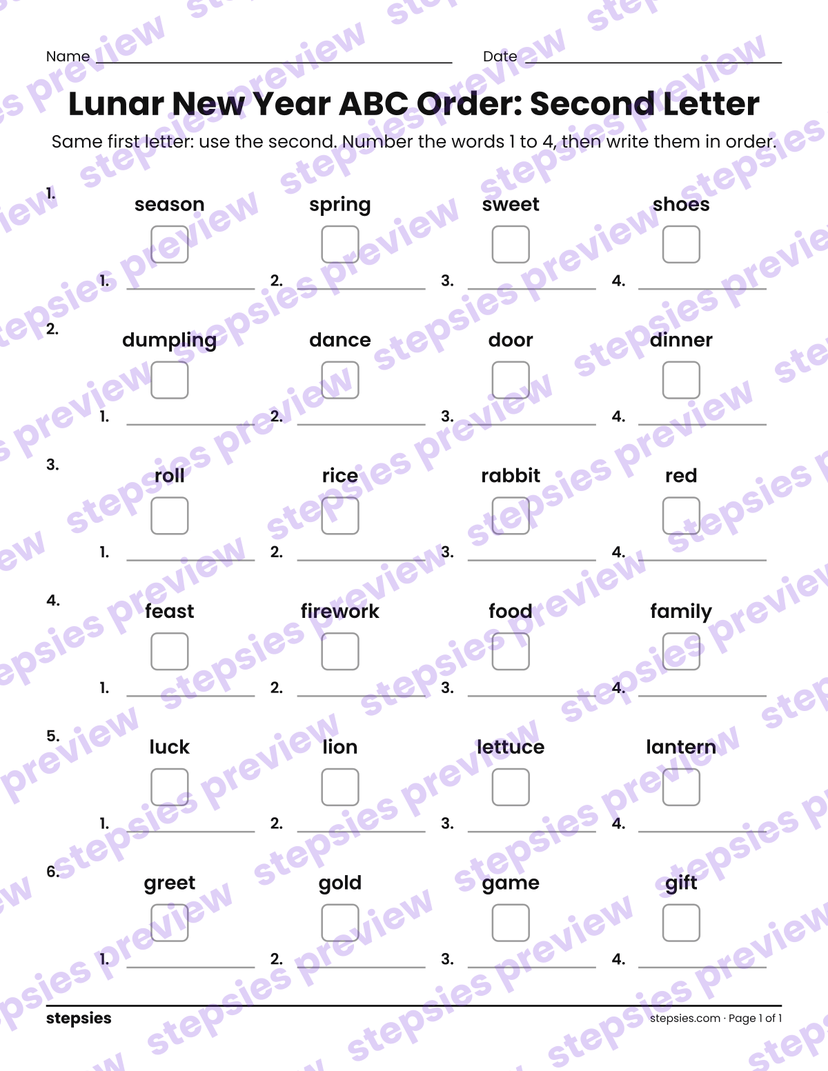 Lunar New Year ABC Order: Second Letter: page 1 of a printable Grades 1 and 2 Language worksheet