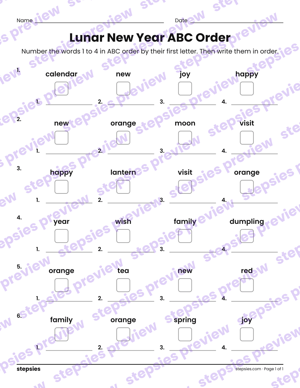 Lunar New Year ABC Order: page 1 of a printable Grades 1 and 2 Language worksheet