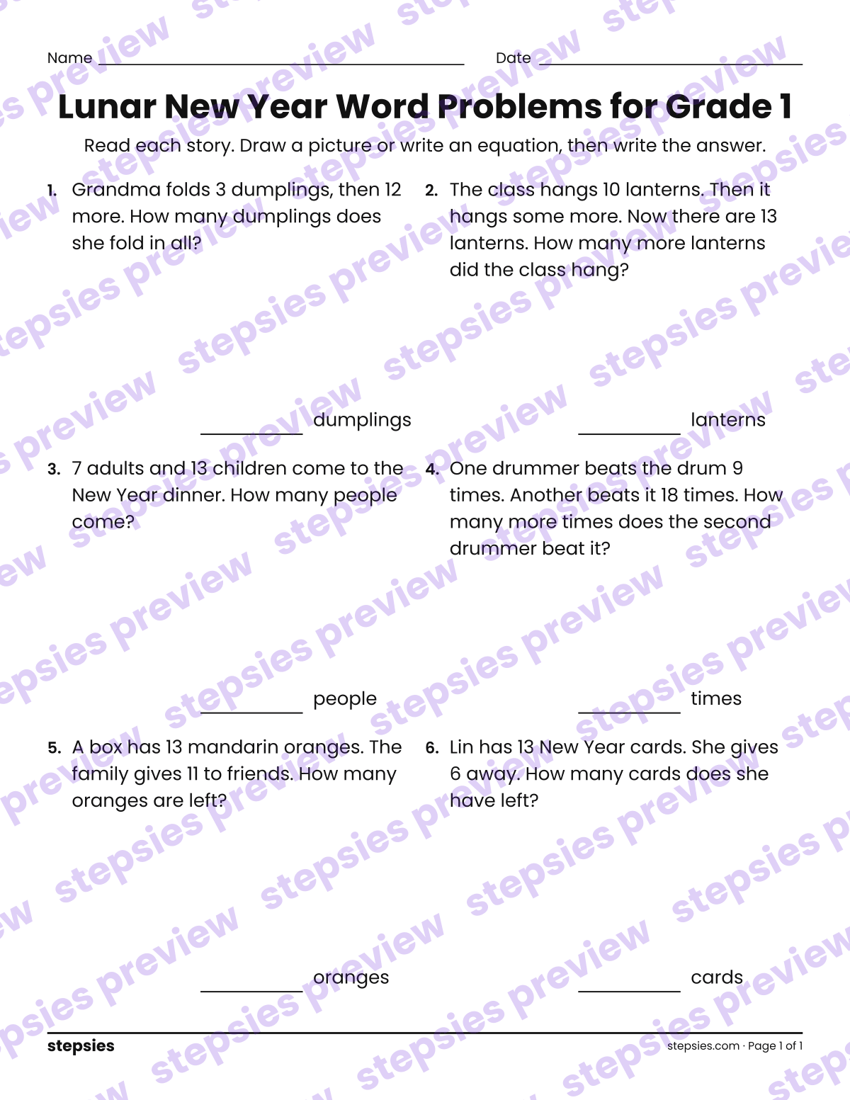 Lunar New Year Word Problems for Grade 1: page 1 of a printable Grade 1 Math worksheet