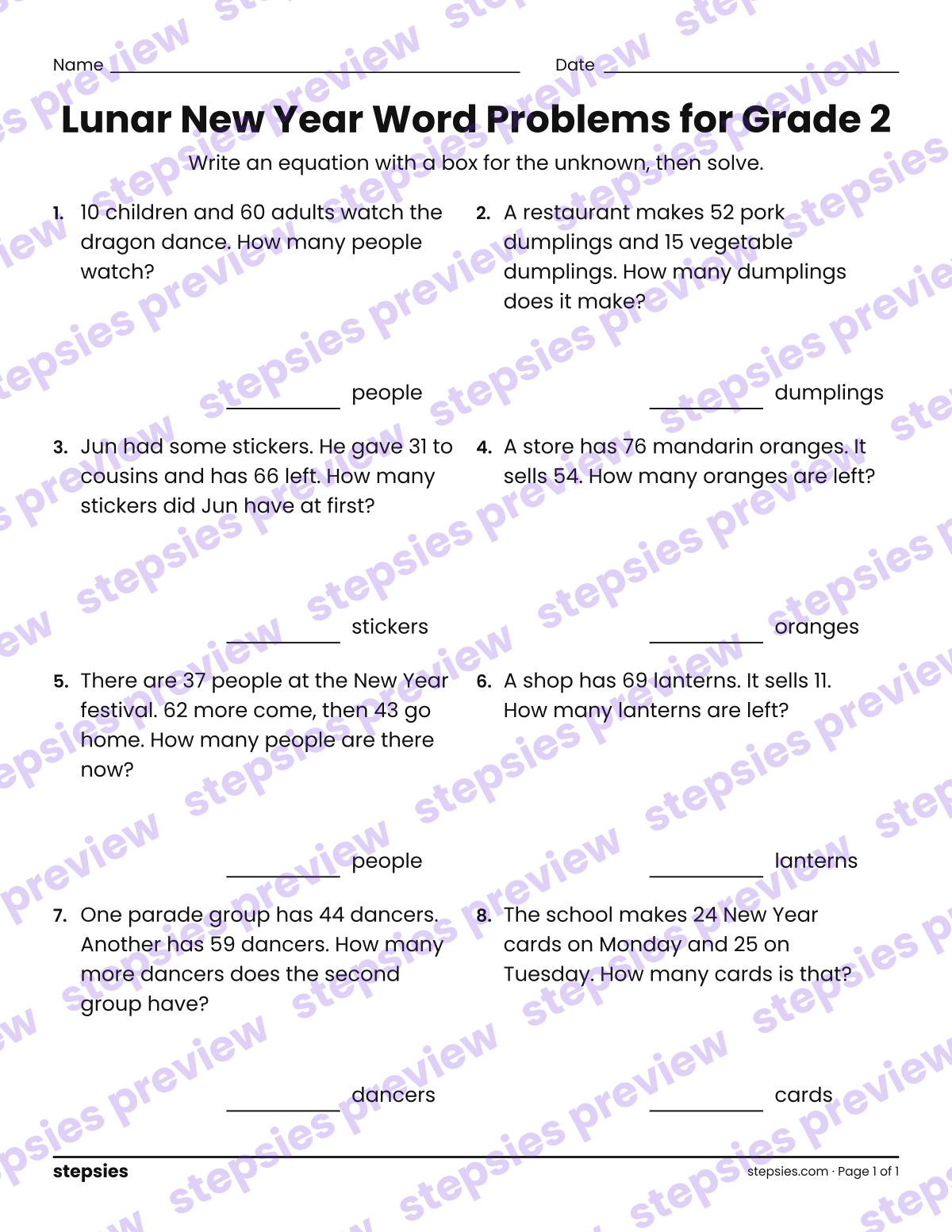 Lunar New Year Word Problems for Grade 2: page 1 of a printable Grade 2 Math worksheet
