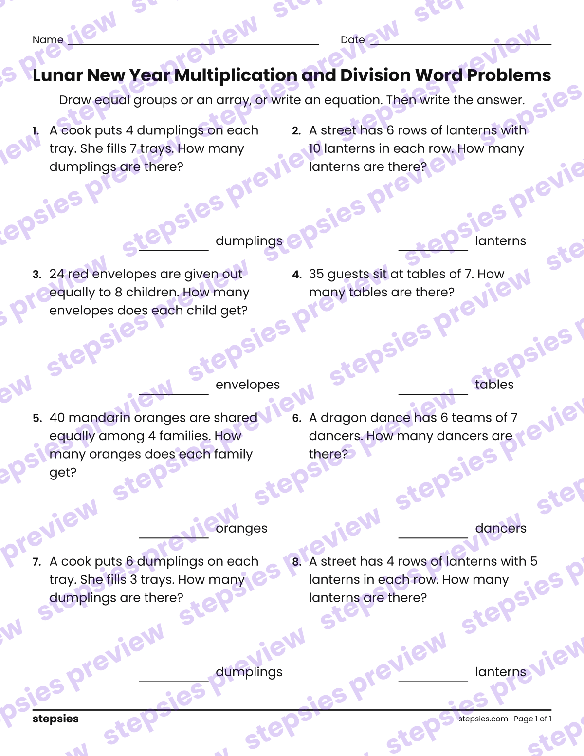 Lunar New Year Multiplication and Division Word Problems: page 1 of a printable Grade 3 Math worksheet
