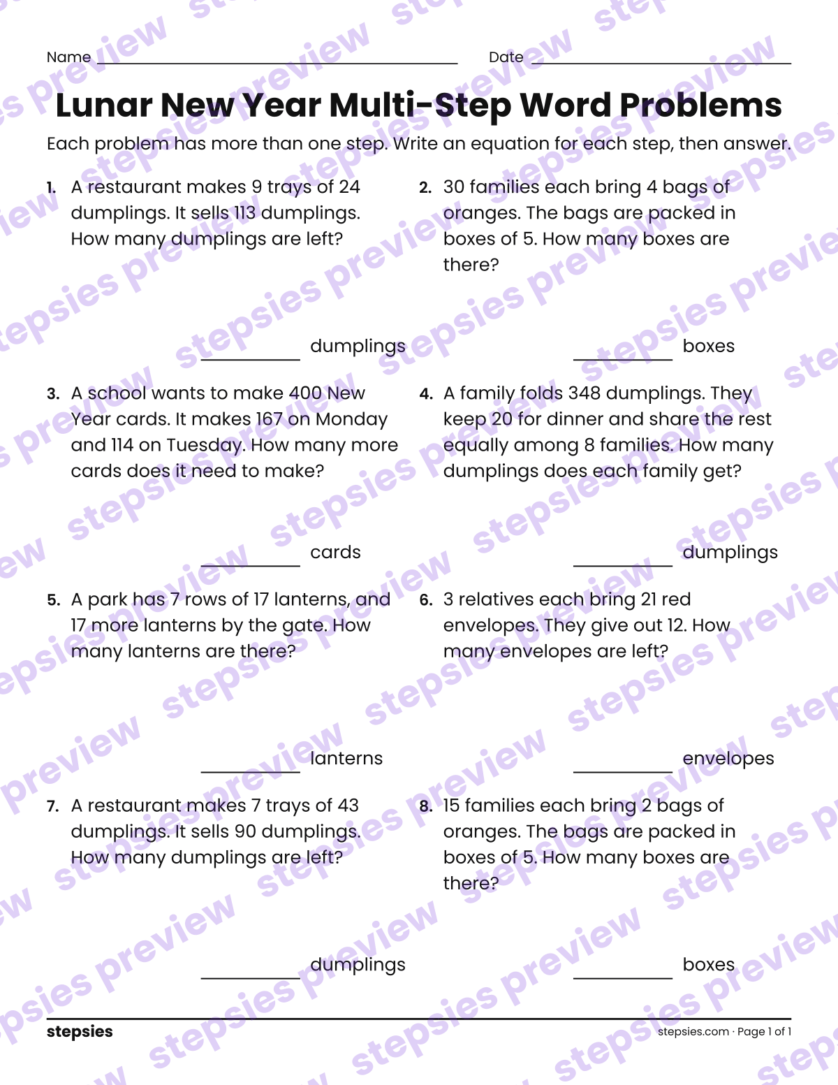 Lunar New Year Multi-Step Word Problems: page 1 of a printable Grade 4 Math worksheet