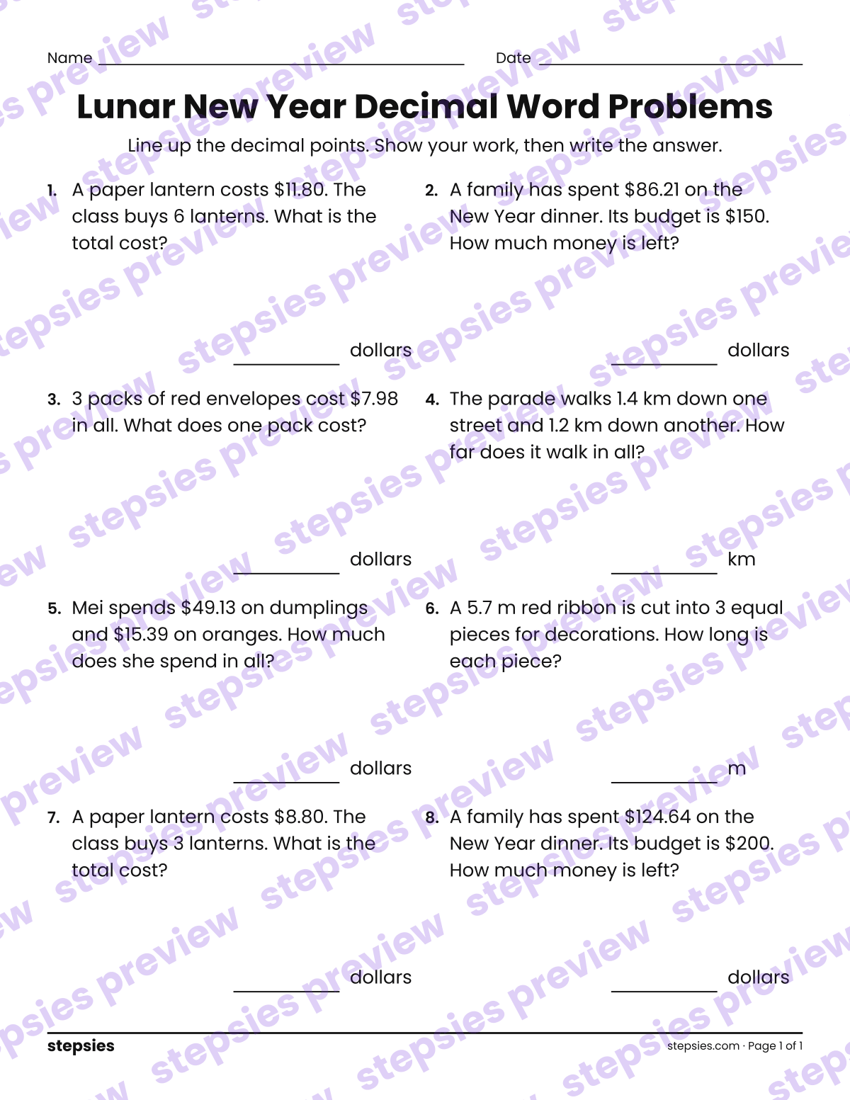 Lunar New Year Decimal Word Problems: page 1 of a printable Grade 5 Math worksheet
