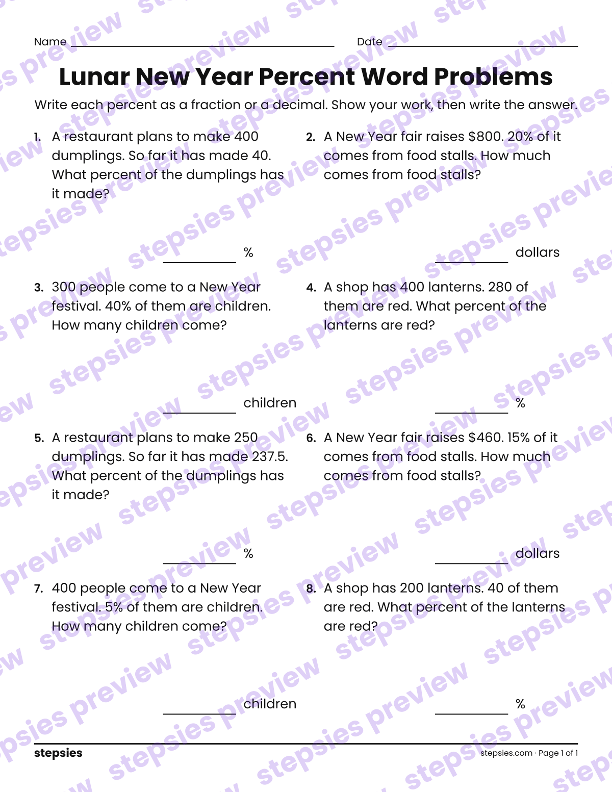Lunar New Year Percent Word Problems: page 1 of a printable Grade 6 Math worksheet