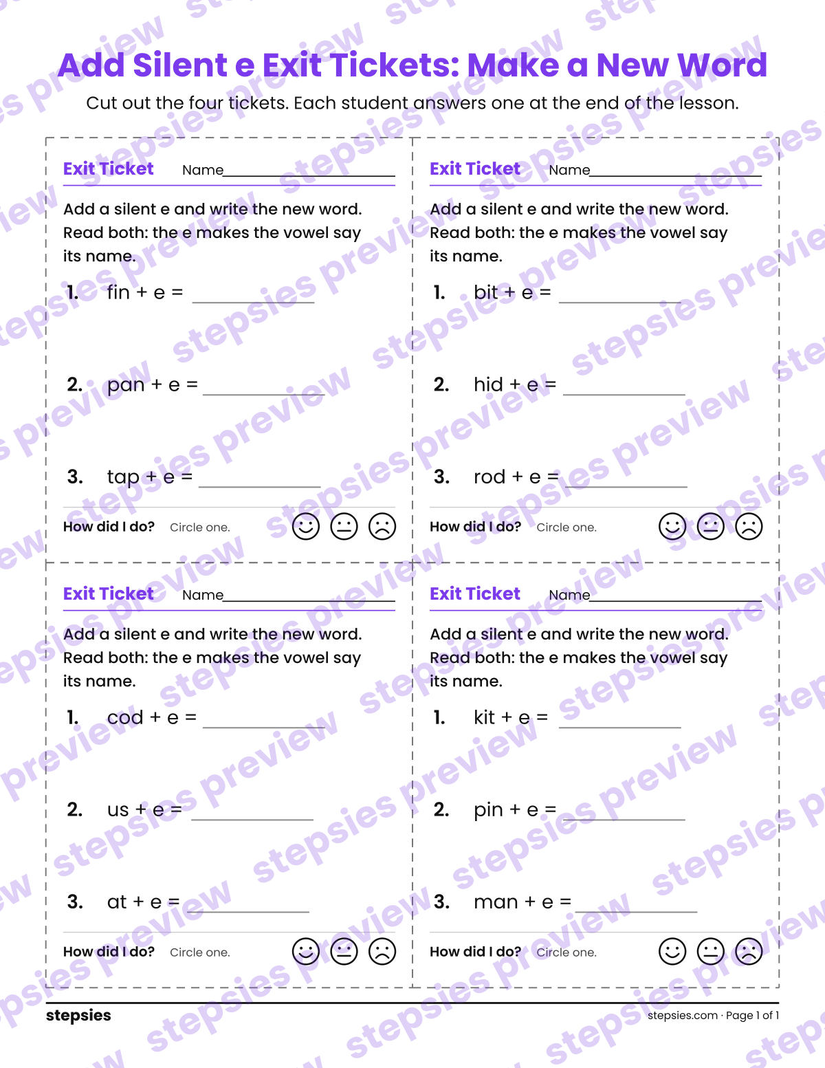 Add Silent e Exit Tickets: Make a New Word: page 1 of a printable Grade 1 Language worksheet