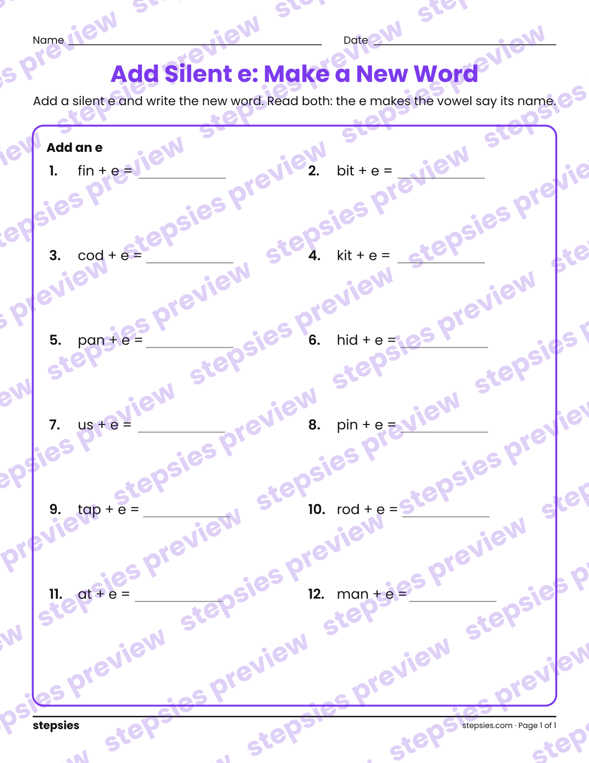 Add Silent e: Make a New Word: page 1 of a printable Grade 1 Language worksheet