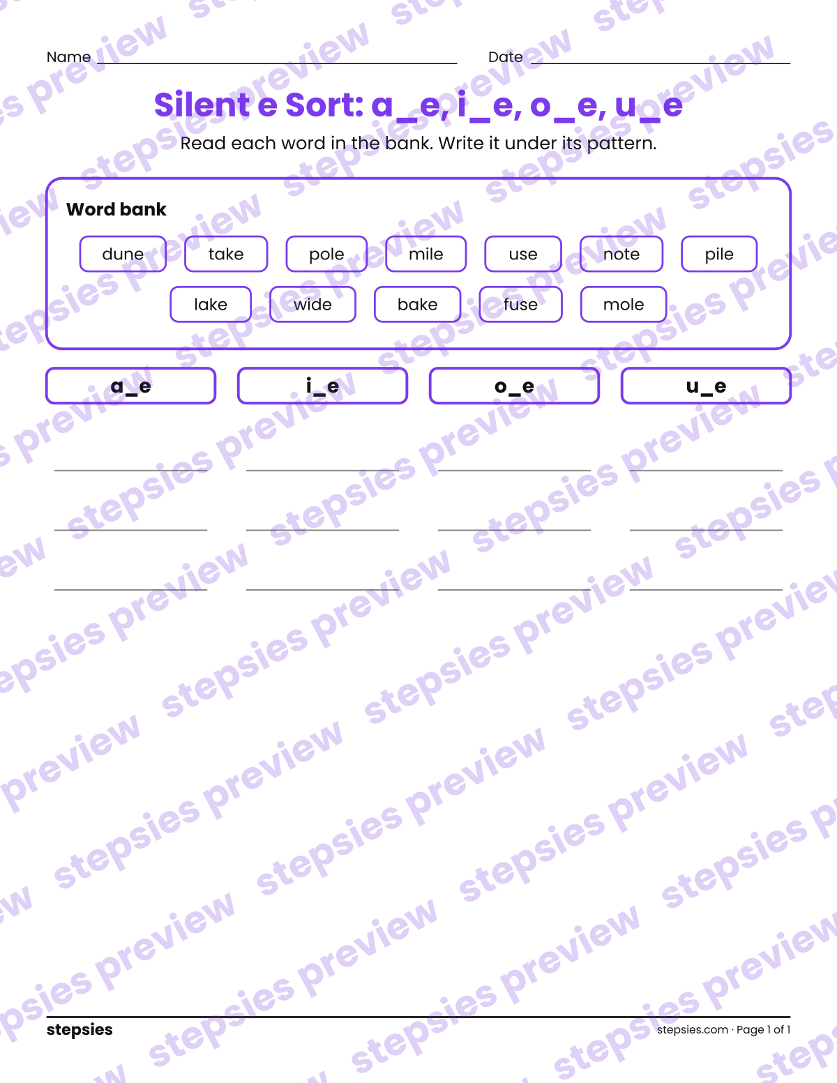 Silent e Sort: a_e, i_e, o_e, u_e: page 1 of a printable Grade 1 Language worksheet