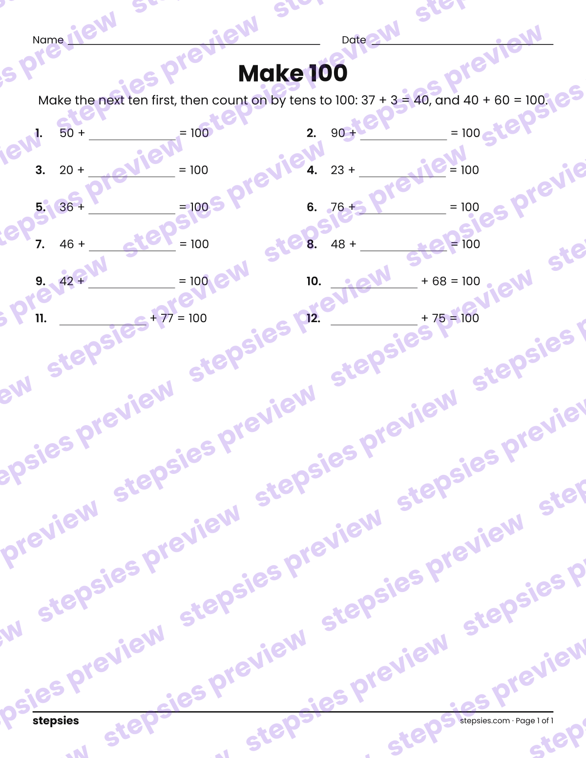 Make 100: page 1 of a printable Grade 2 Math worksheet