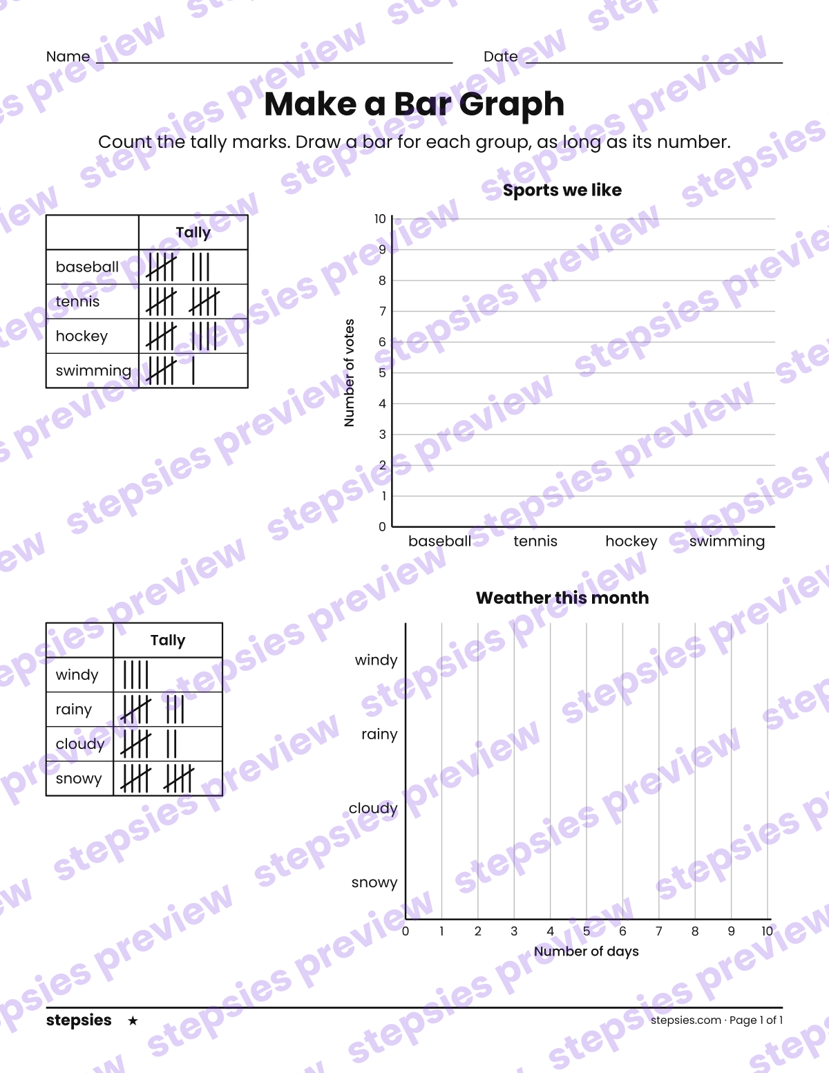 Make a Bar Graph: page 1 of a printable Grade 2 Math worksheet