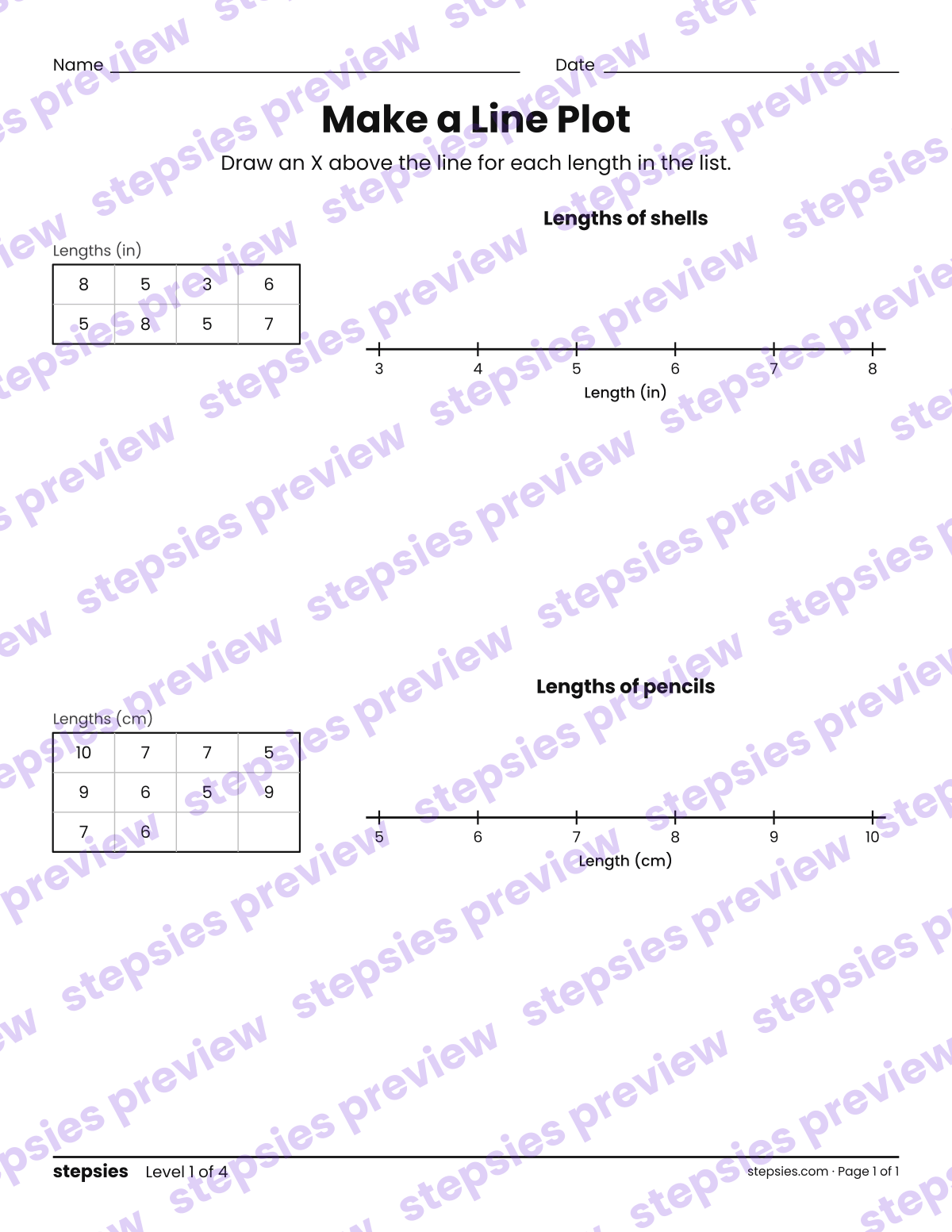 Make a Line Plot: page 1 of a printable Grade 2 Math worksheet