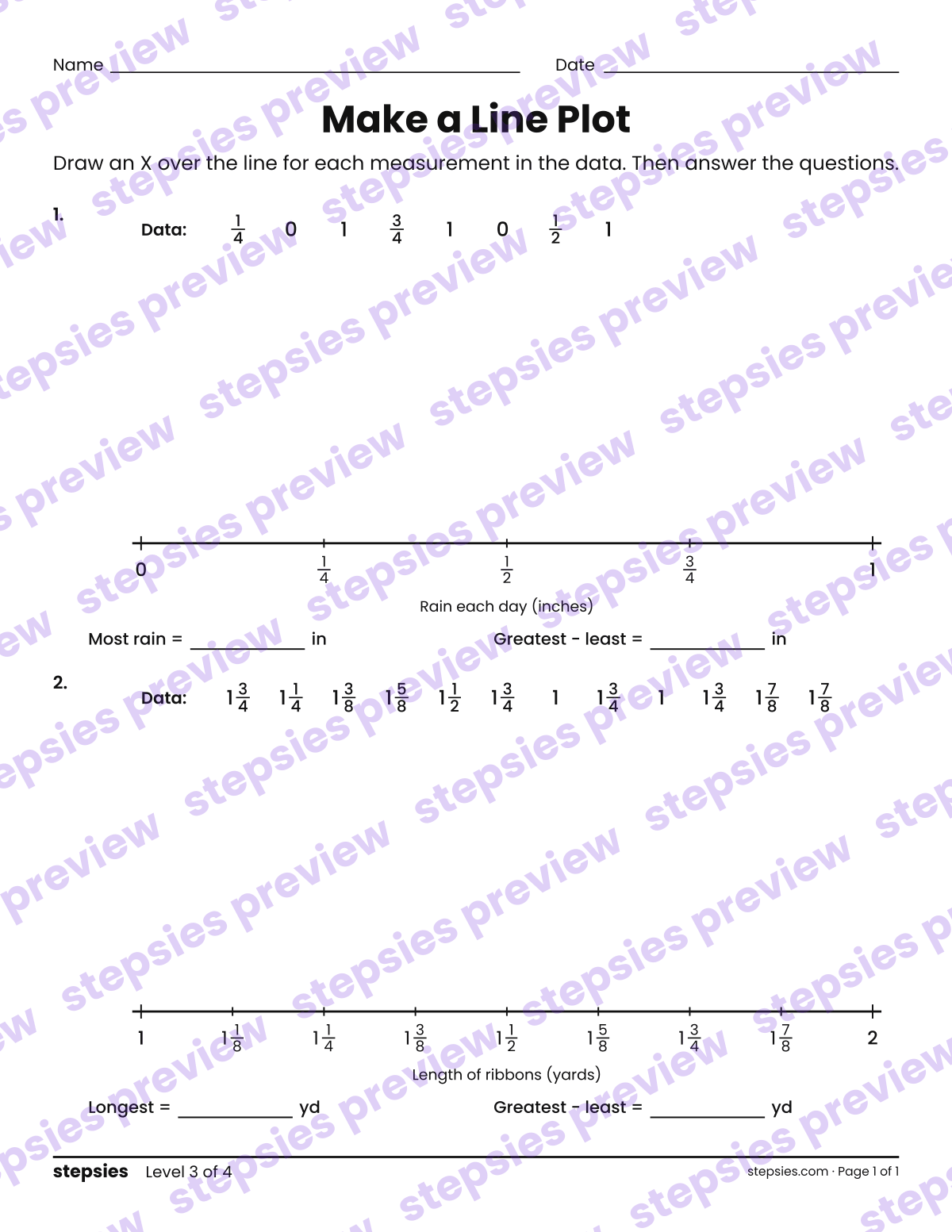 Make a Line Plot: page 1 of a printable Grades 4 and 5 Math worksheet