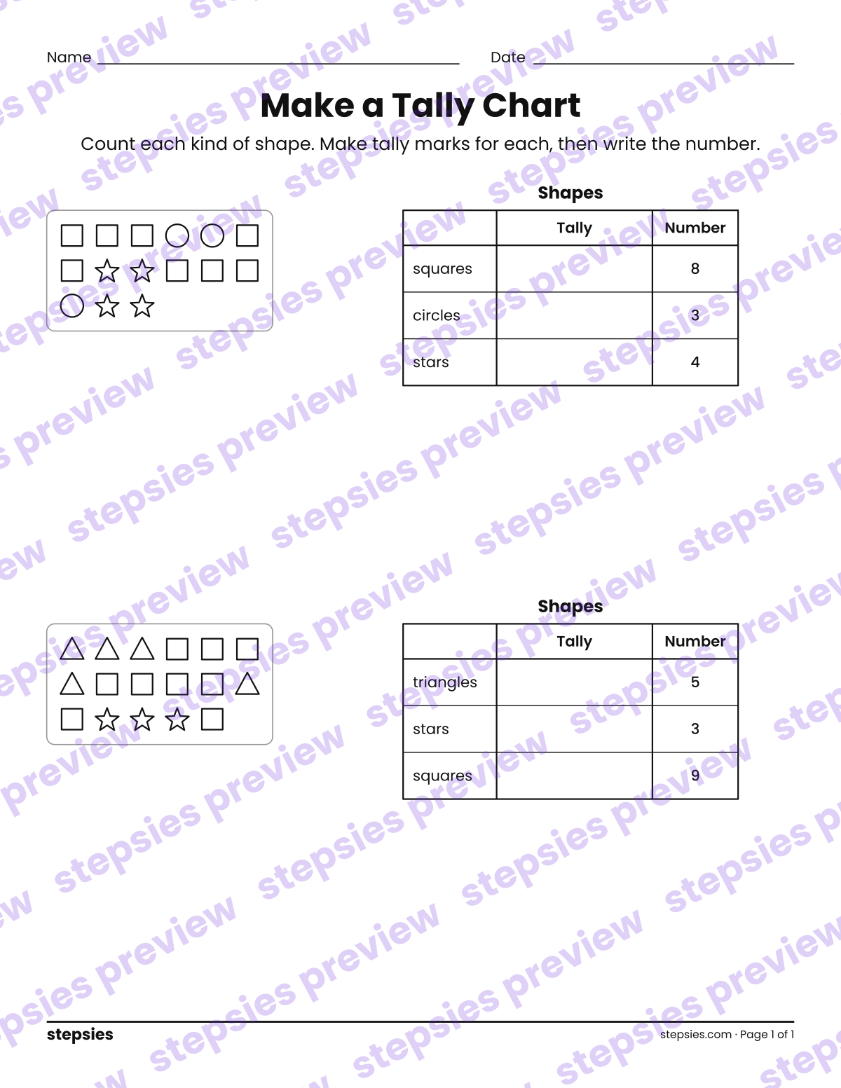 Make a Tally Chart: page 1 of a printable Grade 1 Math worksheet