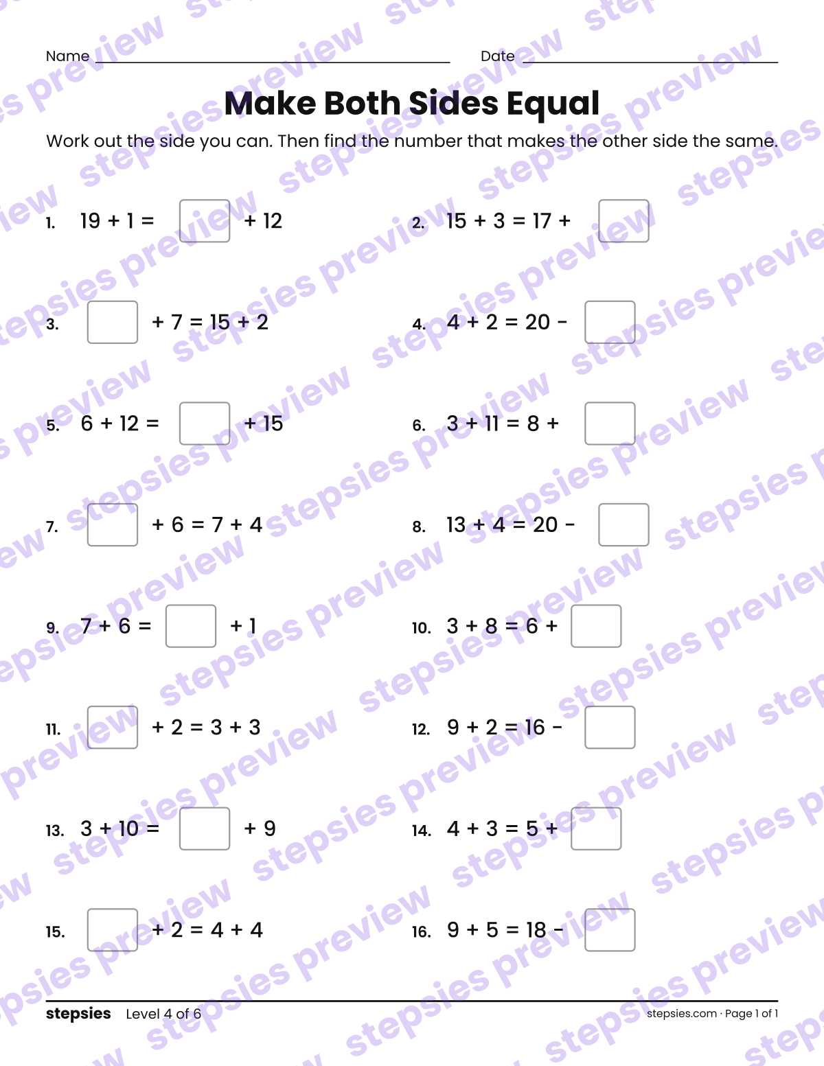 Make Both Sides Equal: page 1 of a printable Grades 1 and 2 Math worksheet