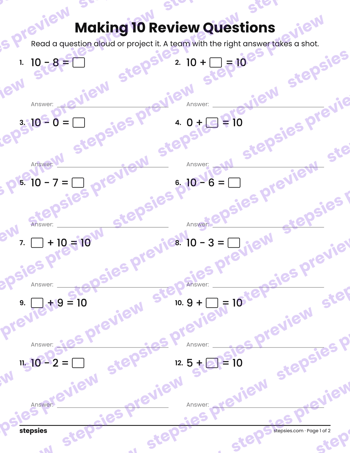 Making 10: Trashketball Review Questions: page 1 of a printable Kindergarten and Grade 1 Math worksheet