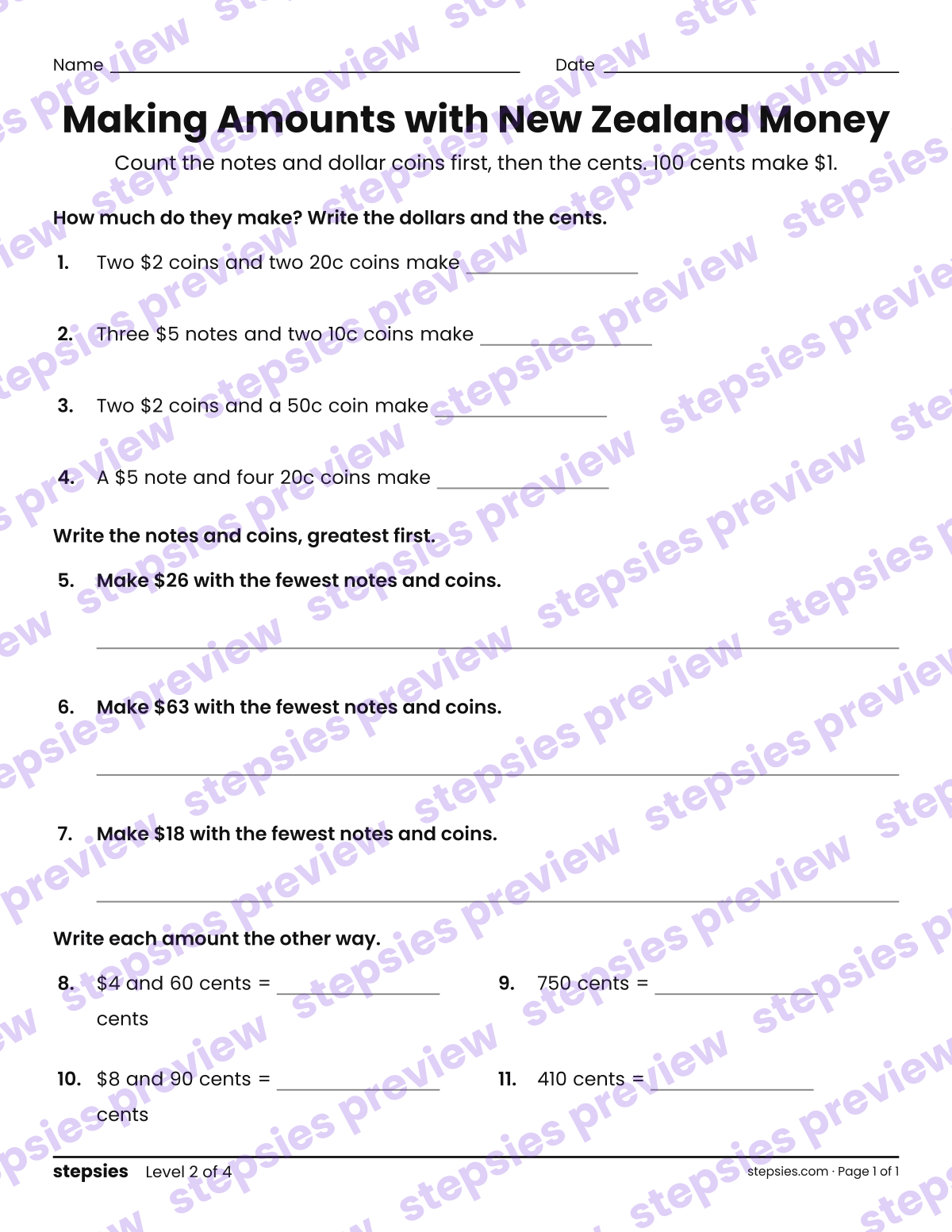Making Amounts with New Zealand Money: page 1 of a printable Grade 2 Math worksheet