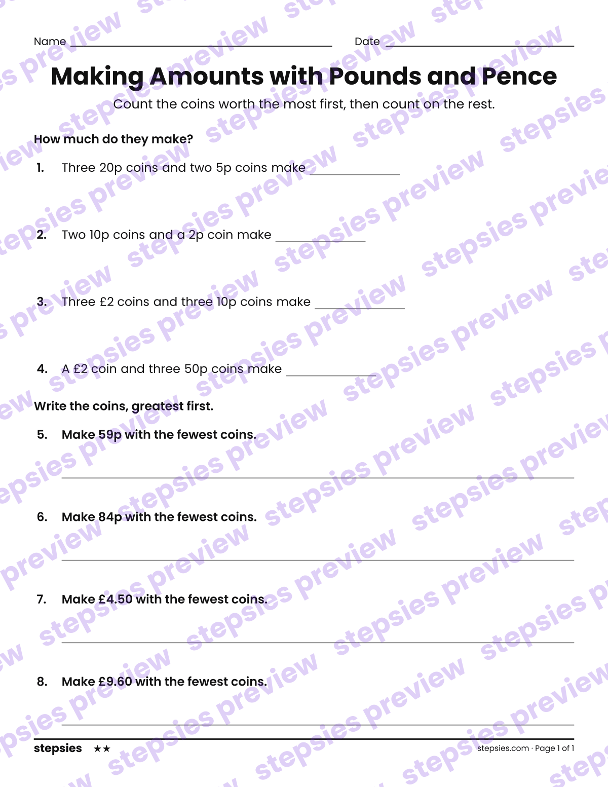 Making Amounts with Pounds and Pence: page 1 of a printable Grade 2 Math worksheet