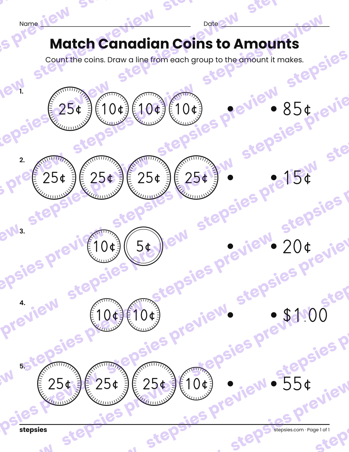 Match Canadian Coins to Amounts: page 1 of a printable Grades 1 and 2 Math worksheet