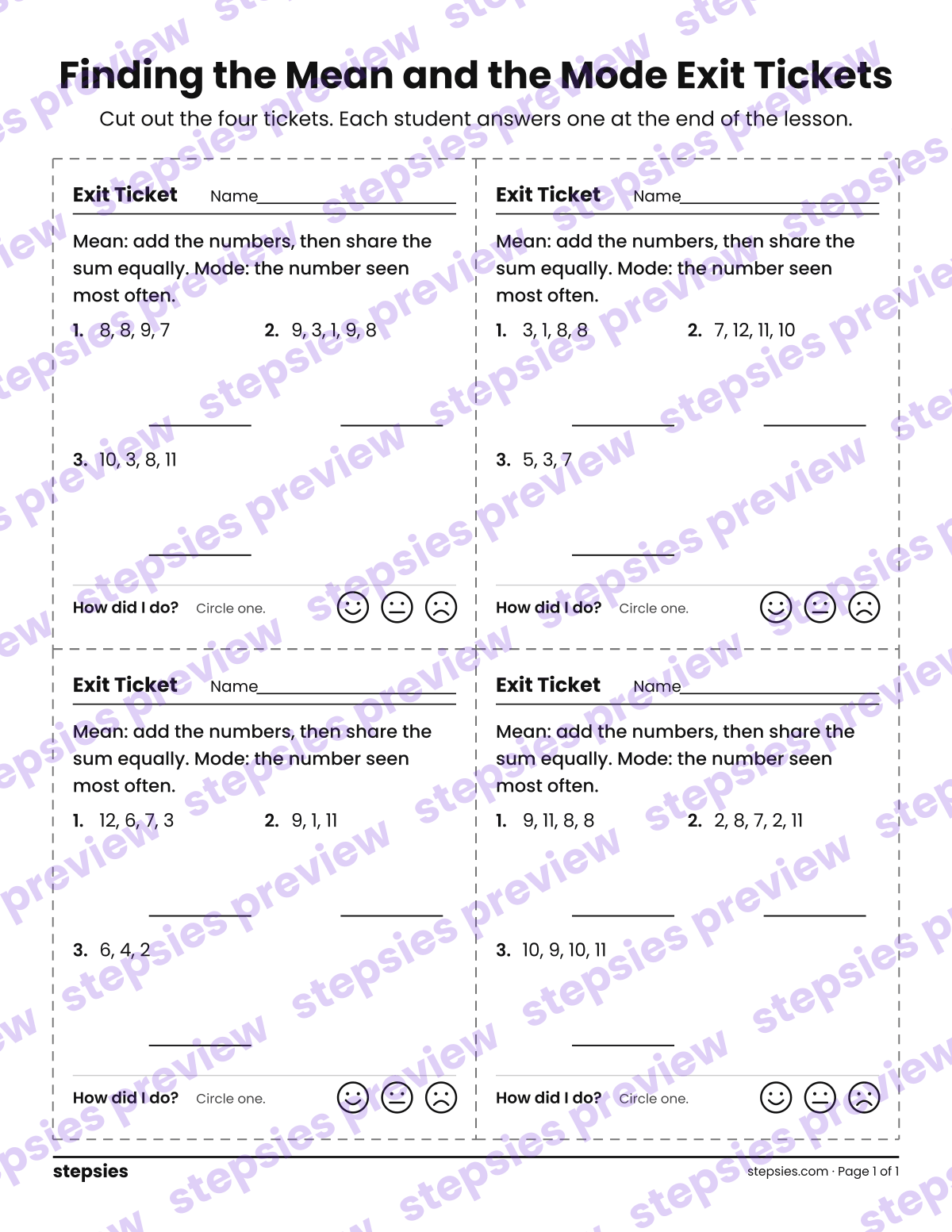 Finding the Mean and the Mode Exit Tickets: page 1 of a printable Grade 3 Math worksheet