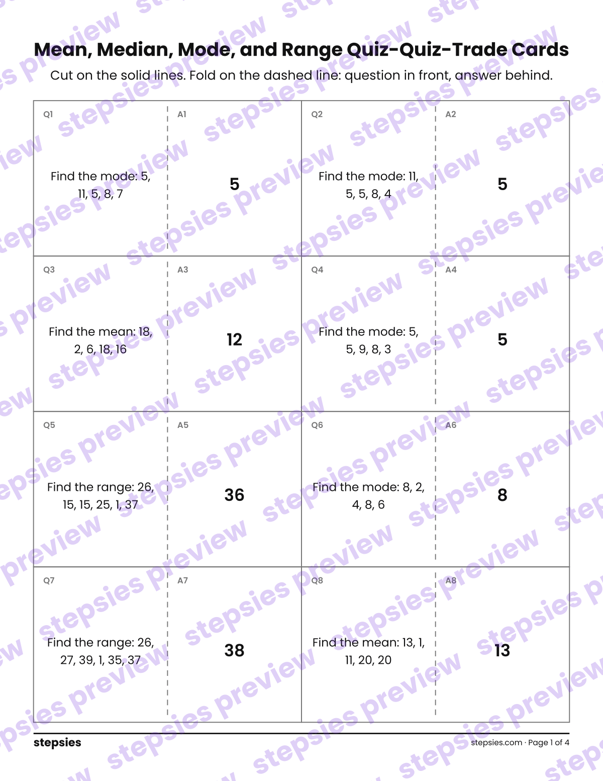 Mean, Median, Mode, and Range: Quiz-Quiz-Trade Cards: page 1 of a printable Grade 6 Math worksheet